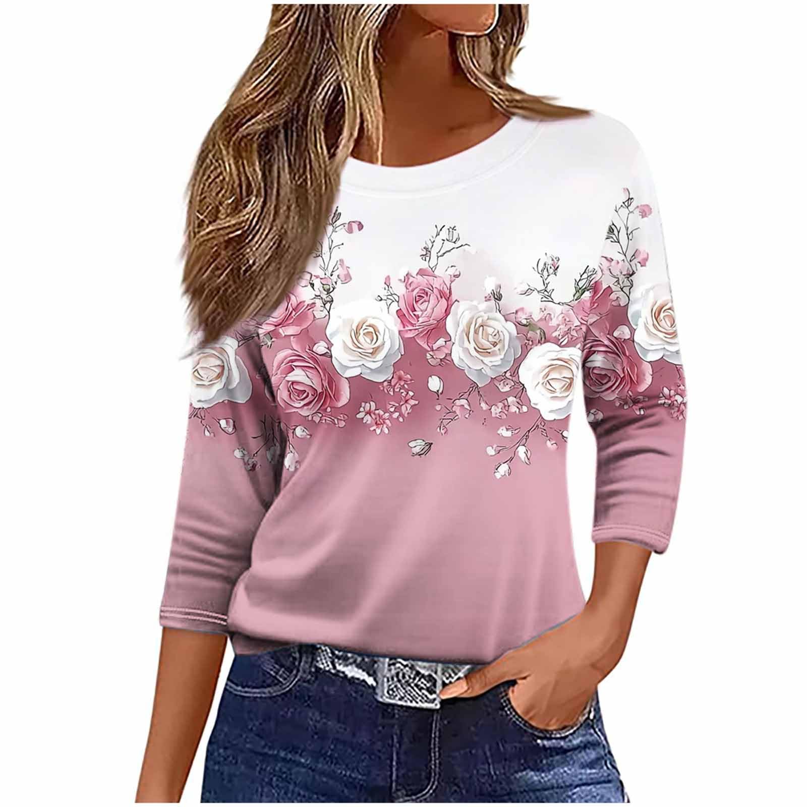 Womens Flower T-Shirt Ladies Casual Tops Short Sleeve T-Shirts Crew Neck Pullover Floral Printed T Shirt Comfortable Blouse Dressy Tee Lightweight Jumper Loose Sweatshirt Business Clothes
