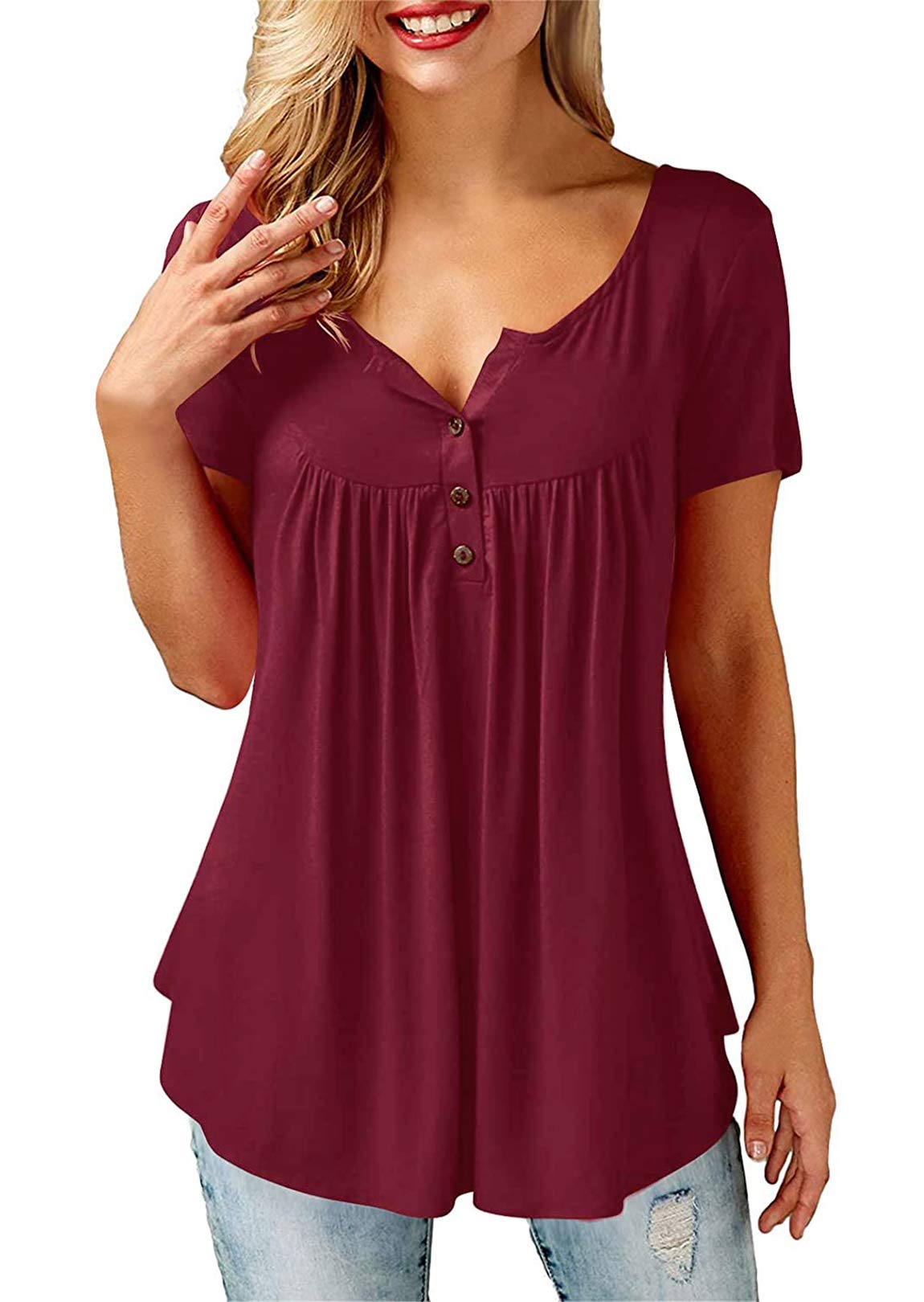 Beluring Women Casual V Neck Pleated Tunic Tops Shirts Blouse