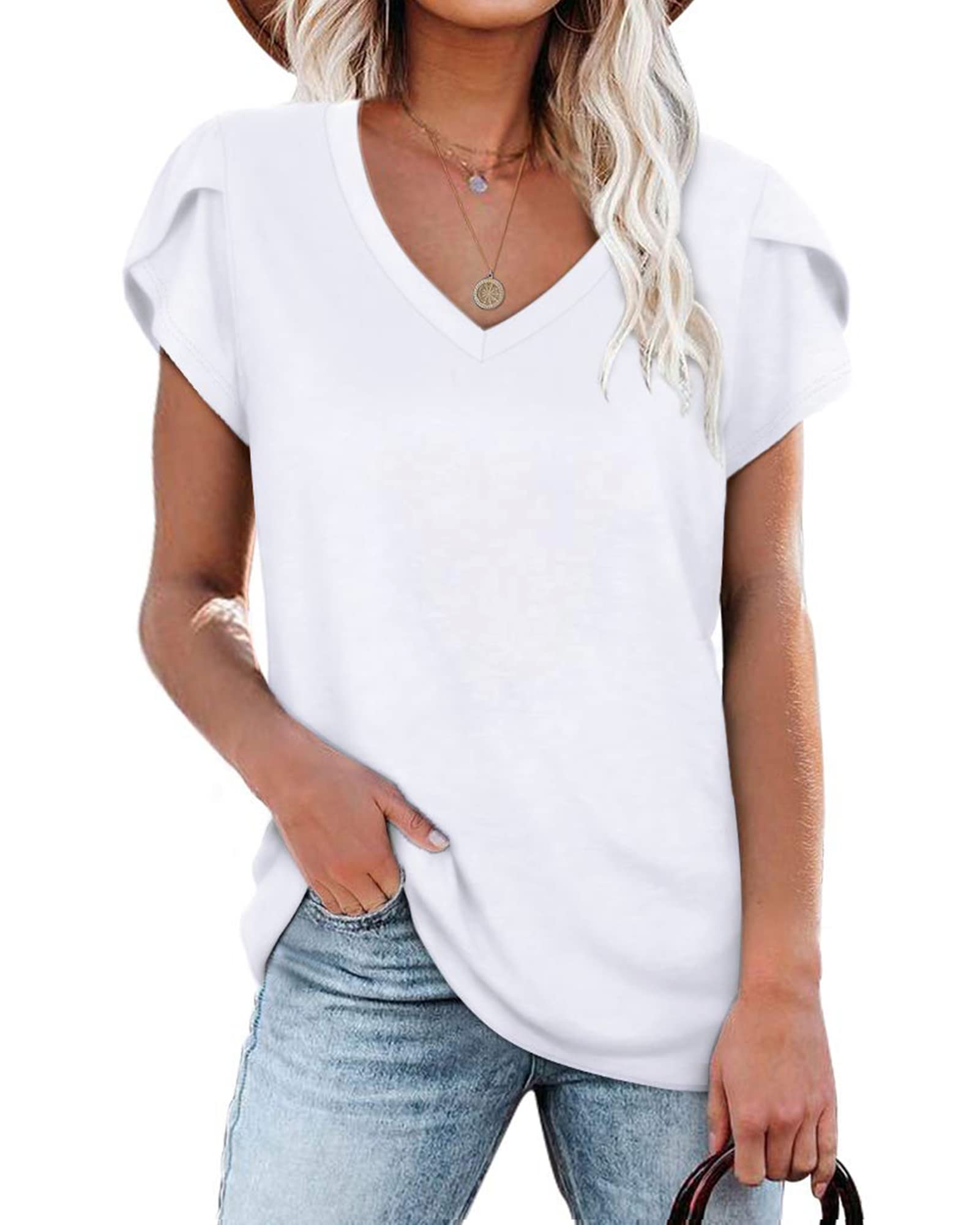 PLOKNRD Women's Casual V-Neck T-Shirt, Long Length, Petal Short Sleeve, Summer Classic Loose Tee, Pink, UK Size | Casual Ladies Beach Loose Tee Solid Color Boho Flower Leopard Print for Daily Outdoor Sports
