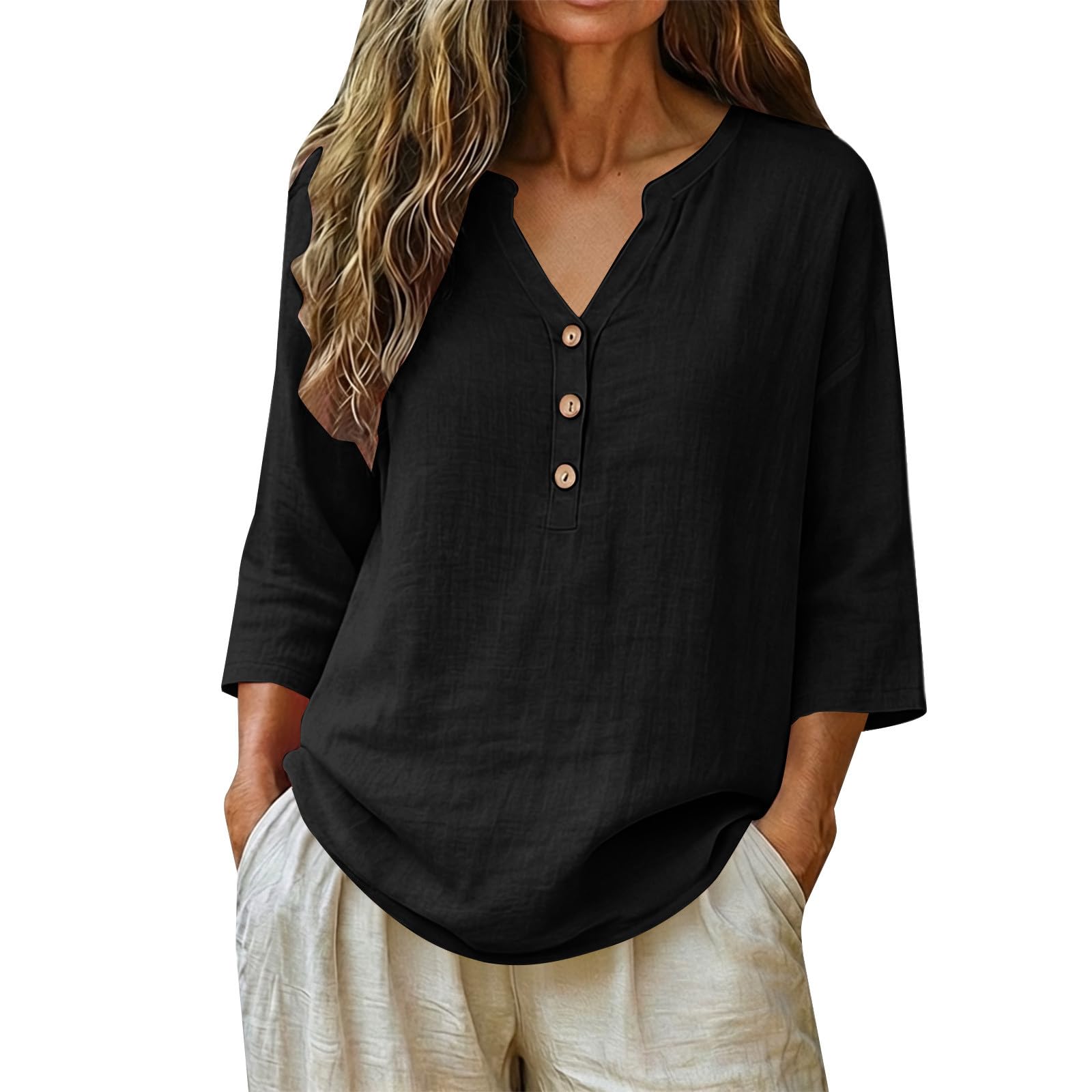 KUIH Ladies Tops 3/4 Sleeve Blouse Cotton Linen Summer Tops for Women Baggy Button V Neck Tunic Tops Plus Size Loose Fit Roll Up Sleeve T-Shirt Lightweight Vacation Casual Blouses Oversized Shirts