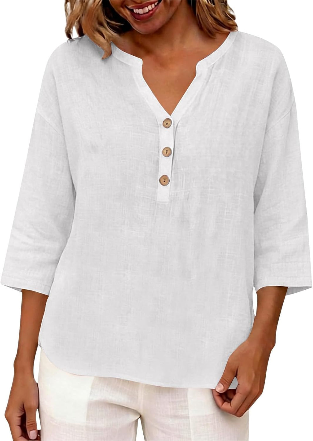 KUIH Ladies Tops 3/4 Sleeve Blouse Cotton Linen Summer Tops for Women Baggy Button V Neck Tunic Tops Plus Size Loose Fit Roll Up Sleeve T-Shirt Lightweight Vacation Casual Blouses Oversized Shirts
