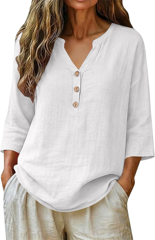 KUIH Ladies Tops 3/4 Sleeve Blouse Cotton Linen Summer Tops for Women Baggy Button V Neck Tunic Tops Plus Size Loose Fit Roll Up Sleeve T-Shirt Lightweight Vacation Casual Blouses Oversized Shirts