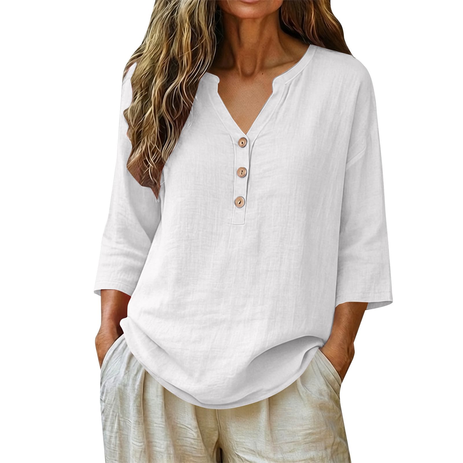 KUIH Ladies Tops 3/4 Sleeve Blouse Cotton Linen Summer Tops for Women Baggy Button V Neck Tunic Tops Plus Size Loose Fit Roll Up Sleeve T-Shirt Lightweight Vacation Casual Blouses Oversized Shirts