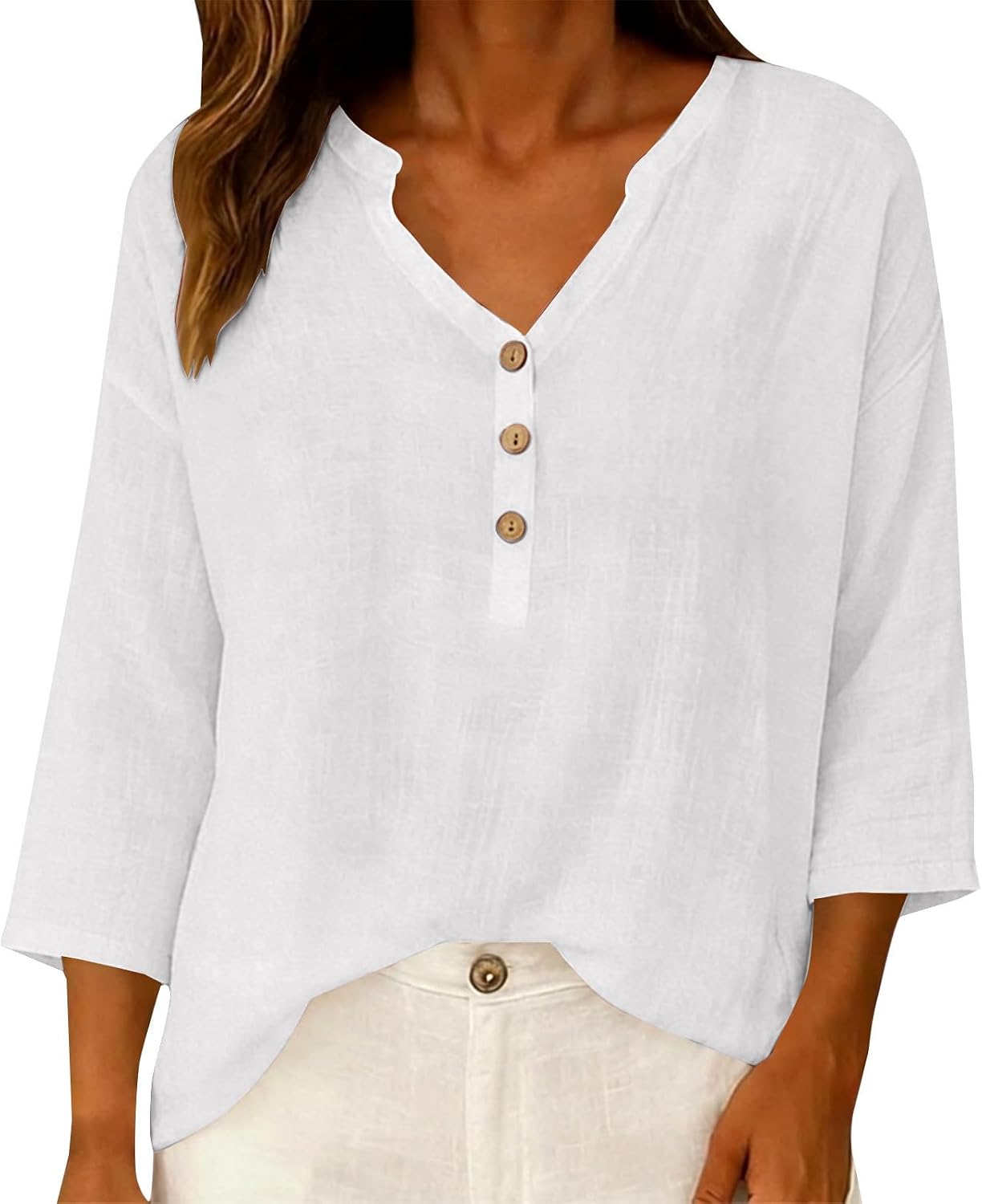 KUIH Ladies Tops 3/4 Sleeve Blouse Cotton Linen Summer Tops for Women Baggy Button V Neck Tunic Tops Plus Size Loose Fit Roll Up Sleeve T-Shirt Lightweight Vacation Casual Blouses Oversized Shirts