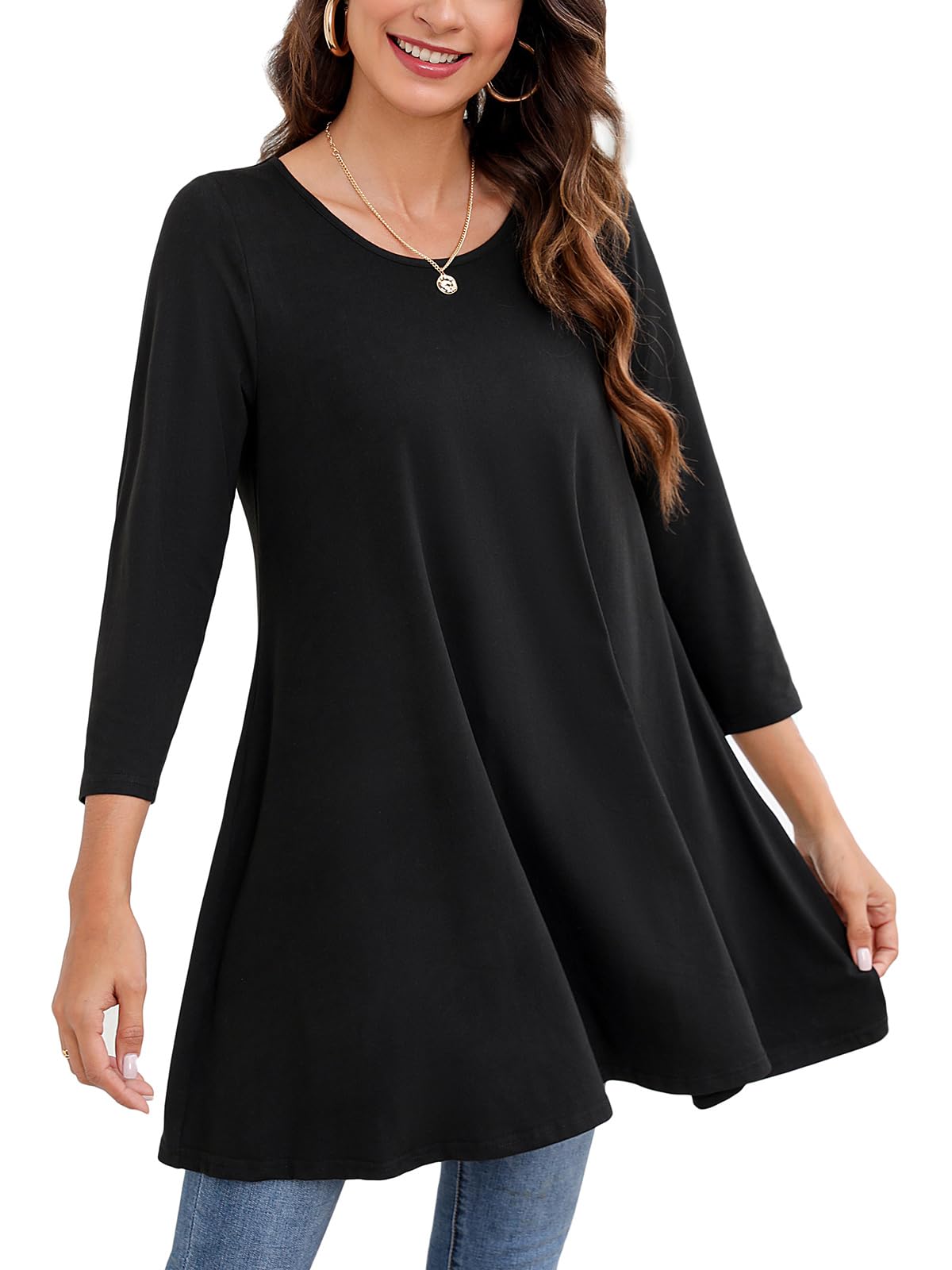 Enmain Womens Tunic Top 3/4 Long Sleeve Tunics for Women UK Plus Size Round Neck Longline Tops for Leggings Ladies Swing T Shirt Casual Loose Stretch Comfortable Blouses Shirts S-5XL