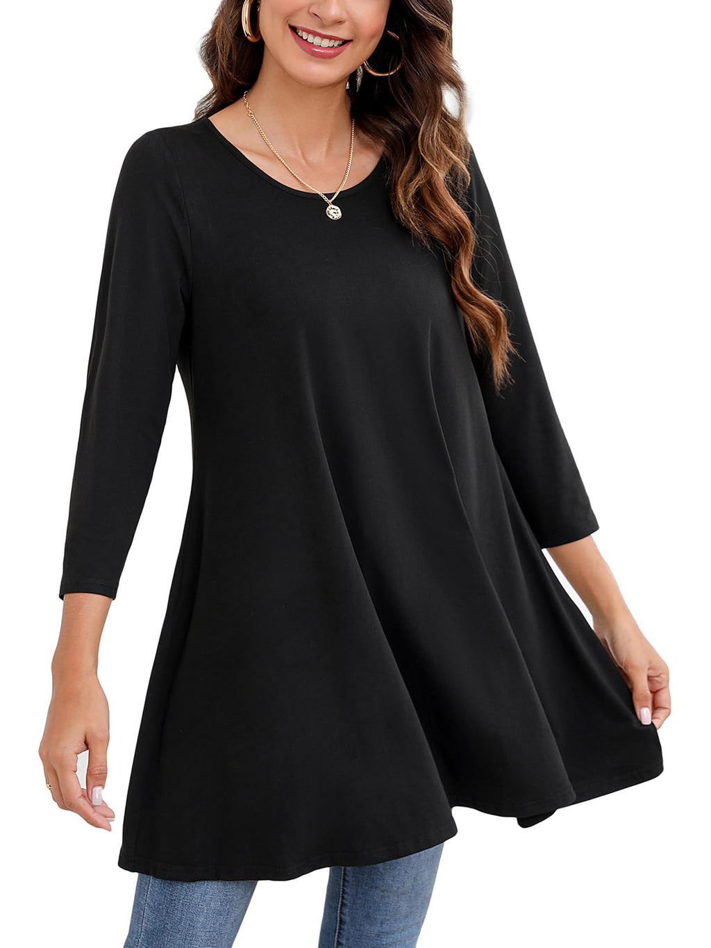 Enmain Womens Tunic Top 3/4 Long Sleeve Tunics for Women UK Plus Size Round Neck Longline Tops for Leggings Ladies Swing T Shirt Casual Loose Stretch Comfortable Blouses Shirts S-5XL