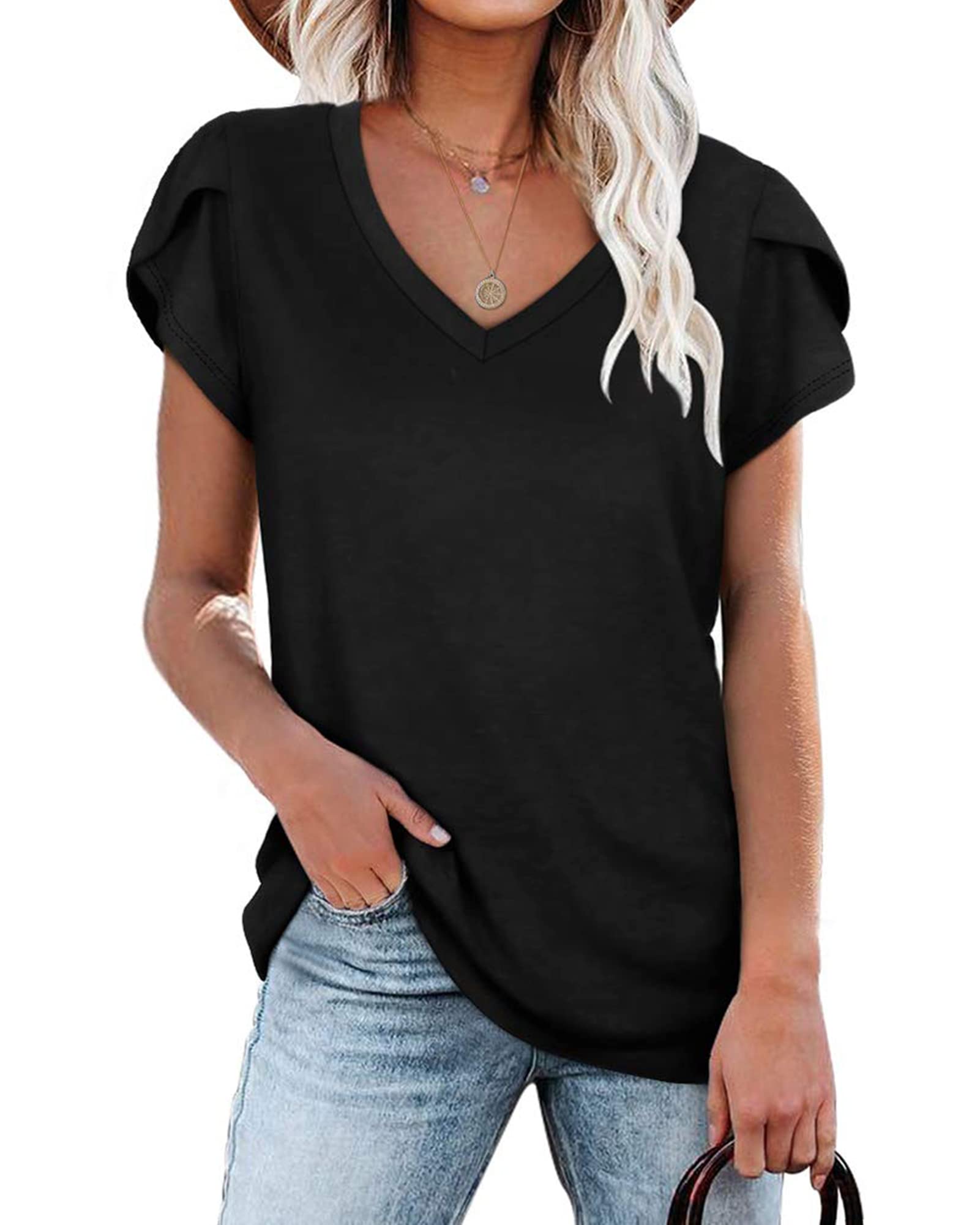 PLOKNRD Women's Casual V-Neck T-Shirt, Long Length, Petal Short Sleeve, Summer Classic Loose Tee, Pink, UK Size | Casual Ladies Beach Loose Tee Solid Color Boho Flower Leopard Print for Daily Outdoor Sports