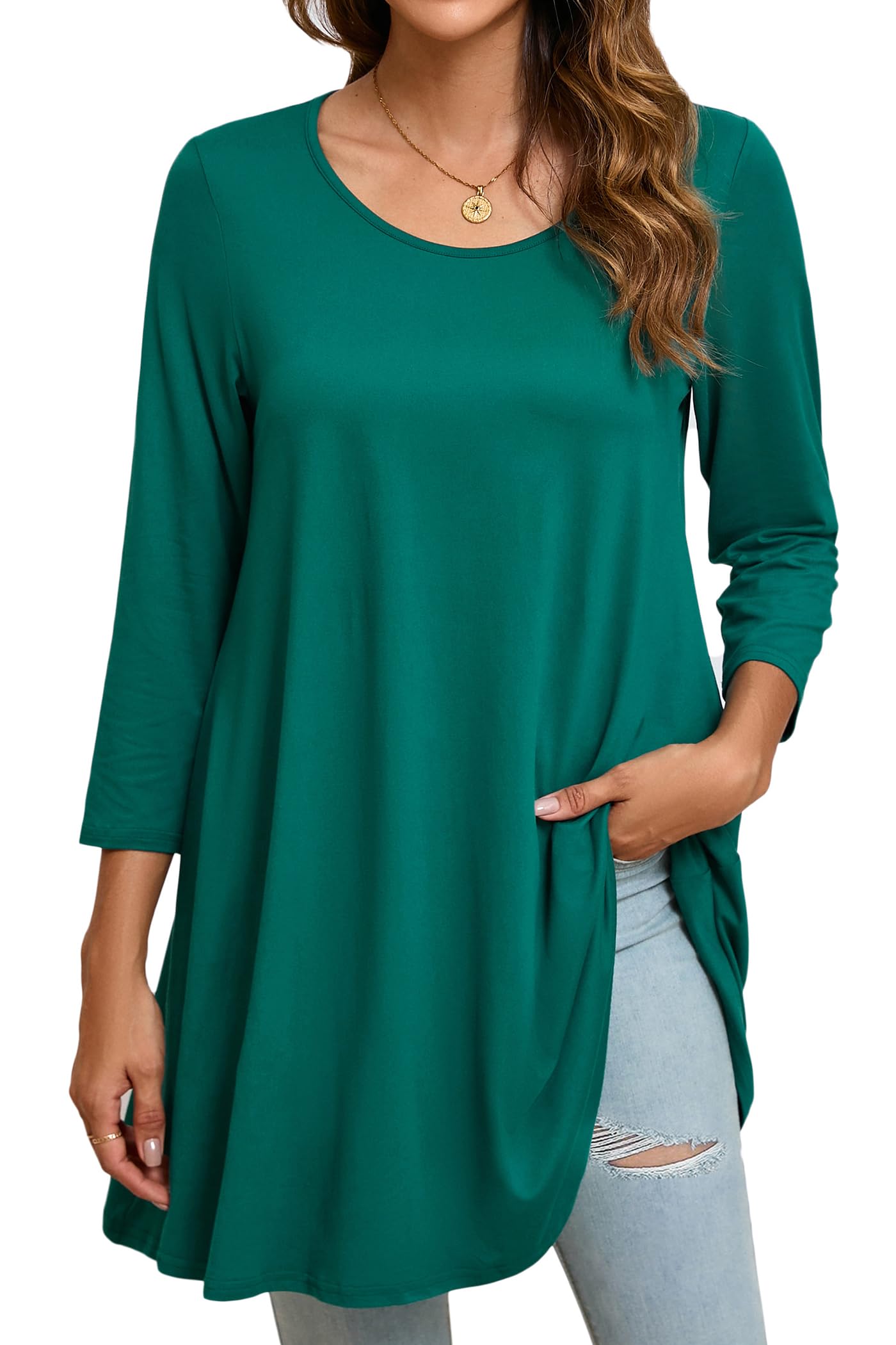 Enmain Womens Tunic Top 3/4 Long Sleeve Tunics for Women UK Plus Size Round Neck Longline Tops for Leggings Ladies Swing T Shirt Casual Loose Stretch Comfortable Blouses Shirts S-5XL
