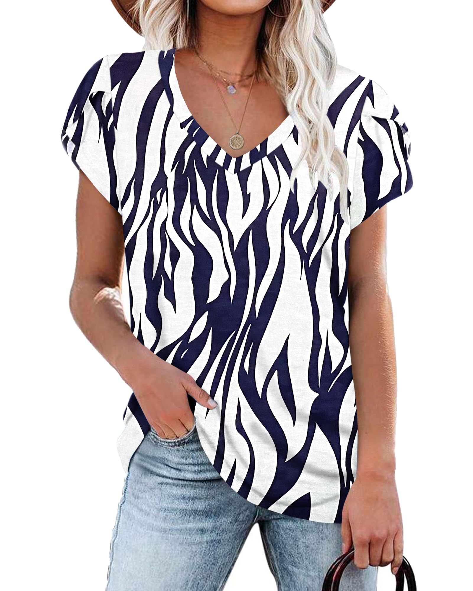 PLOKNRD Women's Casual V-Neck T-Shirt, Long Length, Petal Short Sleeve, Summer Classic Loose Tee, Pink, UK Size | Casual Ladies Beach Loose Tee Solid Color Boho Flower Leopard Print for Daily Outdoor Sports