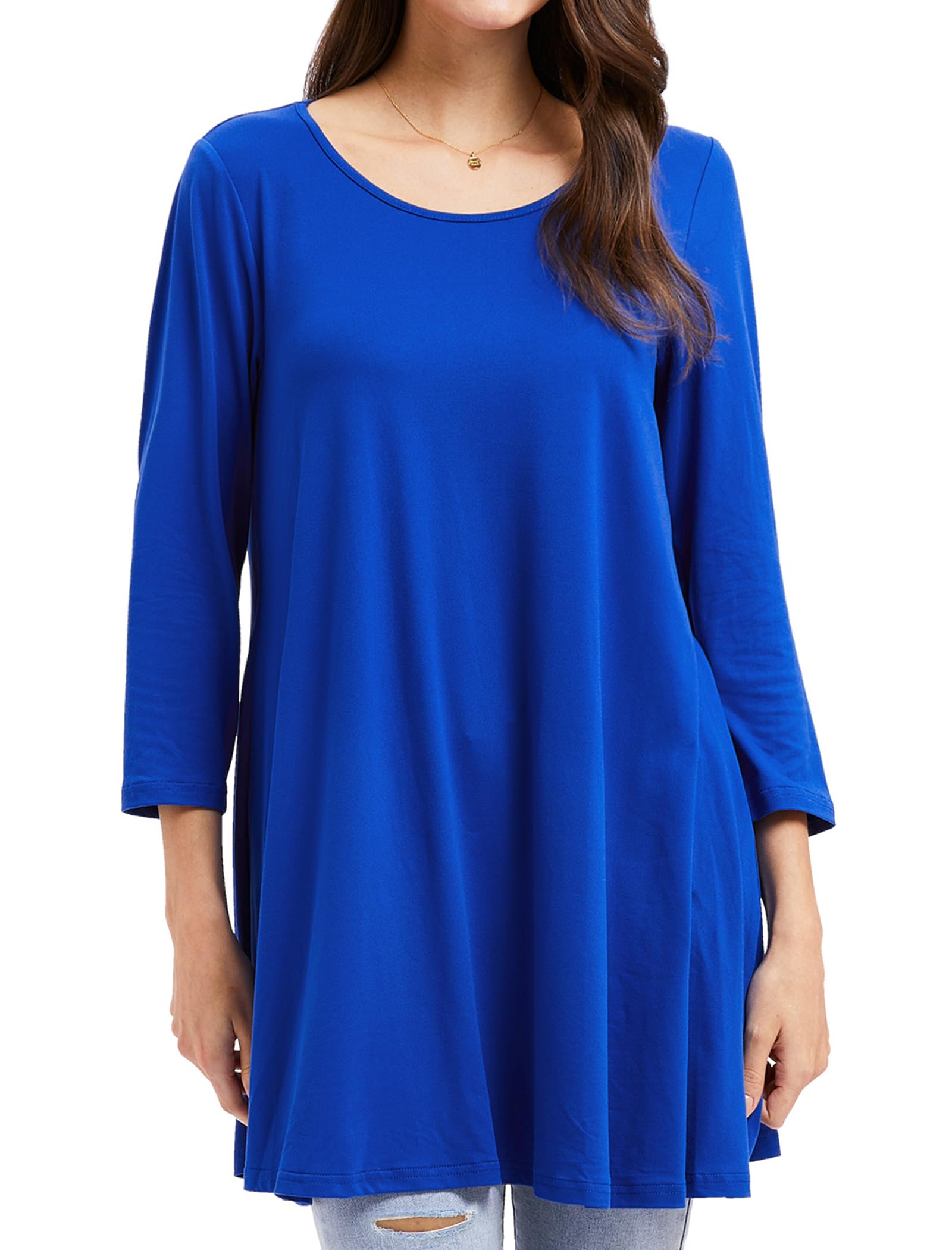 Enmain Womens Tunic Top 3/4 Long Sleeve Tunics for Women UK Plus Size Round Neck Longline Tops for Leggings Ladies Swing T Shirt Casual Loose Stretch Comfortable Blouses Shirts S-5XL