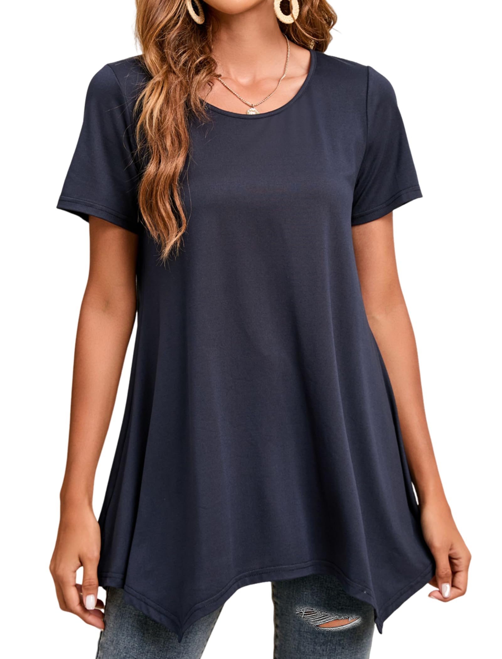 Enmain Womens Tunic Top 3/4 Long Sleeve Tunics for Women UK Plus Size Round Neck Longline Tops for Leggings Ladies Swing T Shirt Casual Loose Stretch Comfortable Blouses Shirts S-5XL