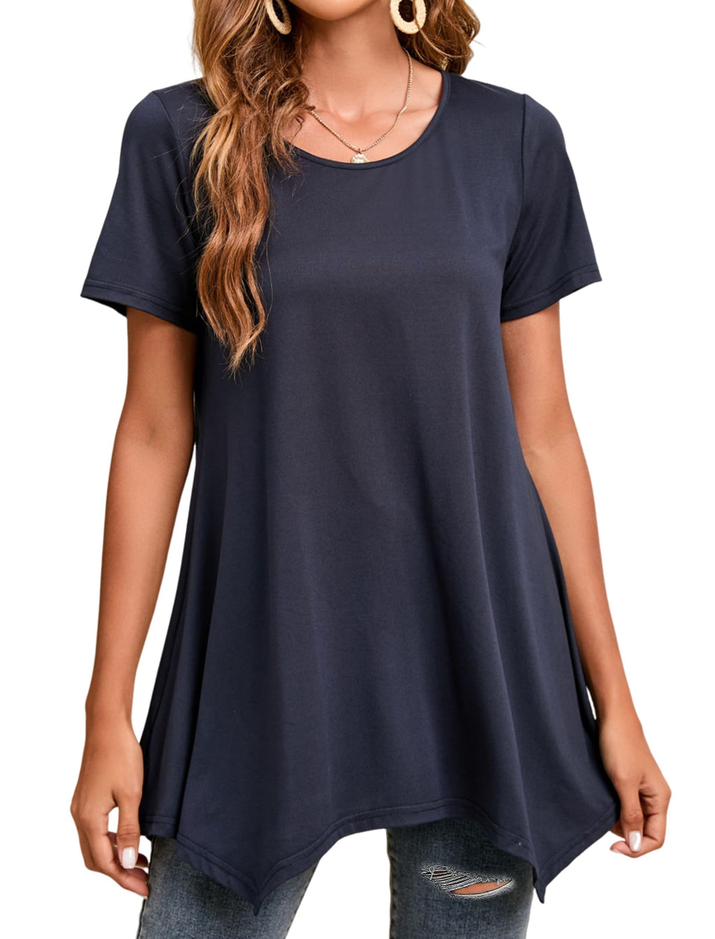 Enmain Womens Tunic Top 3/4 Long Sleeve Tunics for Women UK Plus Size Round Neck Longline Tops for Leggings Ladies Swing T Shirt Casual Loose Stretch Comfortable Blouses Shirts S-5XL