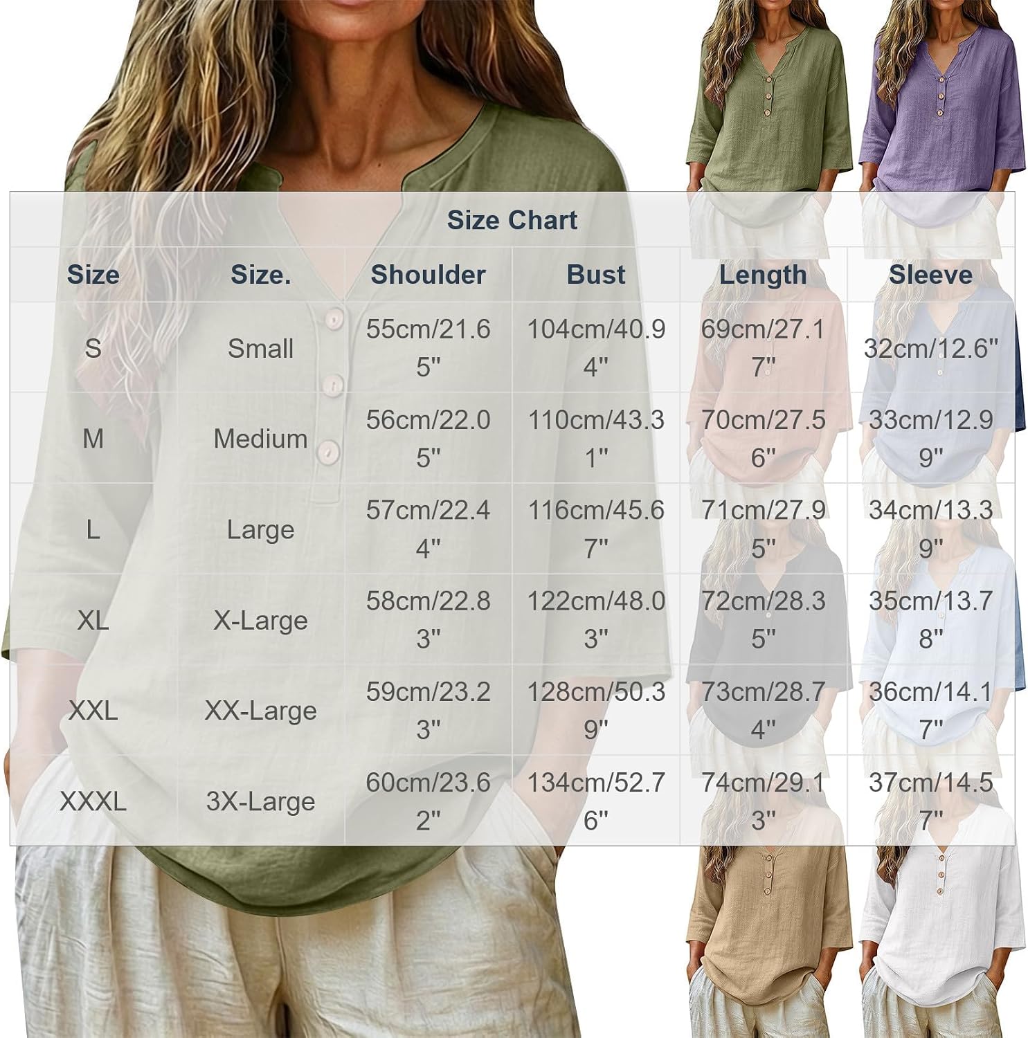 KUIH Ladies Tops 3/4 Sleeve Blouse Cotton Linen Summer Tops for Women Baggy Button V Neck Tunic Tops Plus Size Loose Fit Roll Up Sleeve T-Shirt Lightweight Vacation Casual Blouses Oversized Shirts