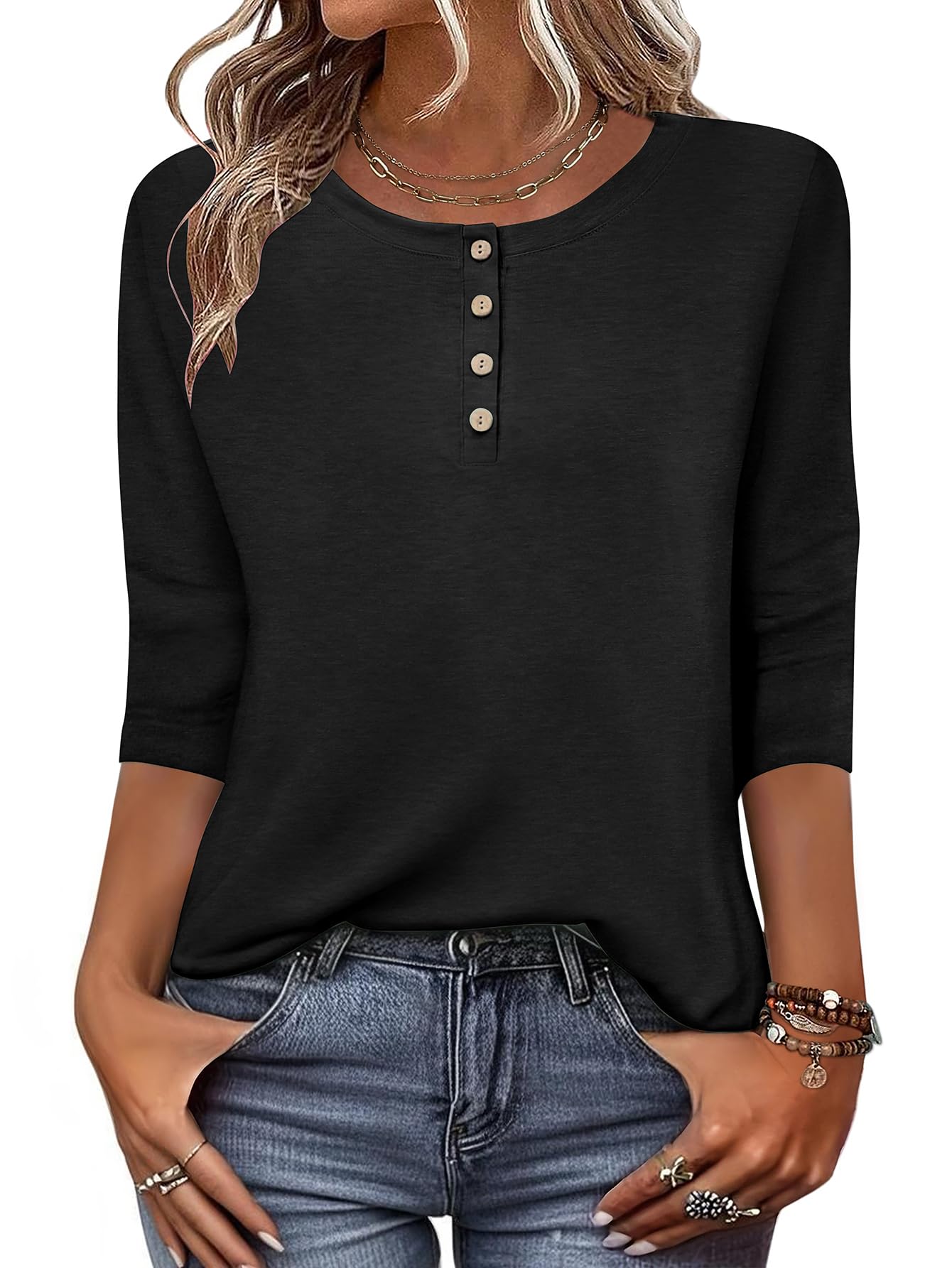 Zeagoo Women 3/4 Sleeve Tops Henley Crew Neck Blouses Casual Summer Tunic | Elegant Tops Summer Autumn T Shirts Dressy Outfits for Women Going Out Top Comfy Soft Variety of Floral S-3XL