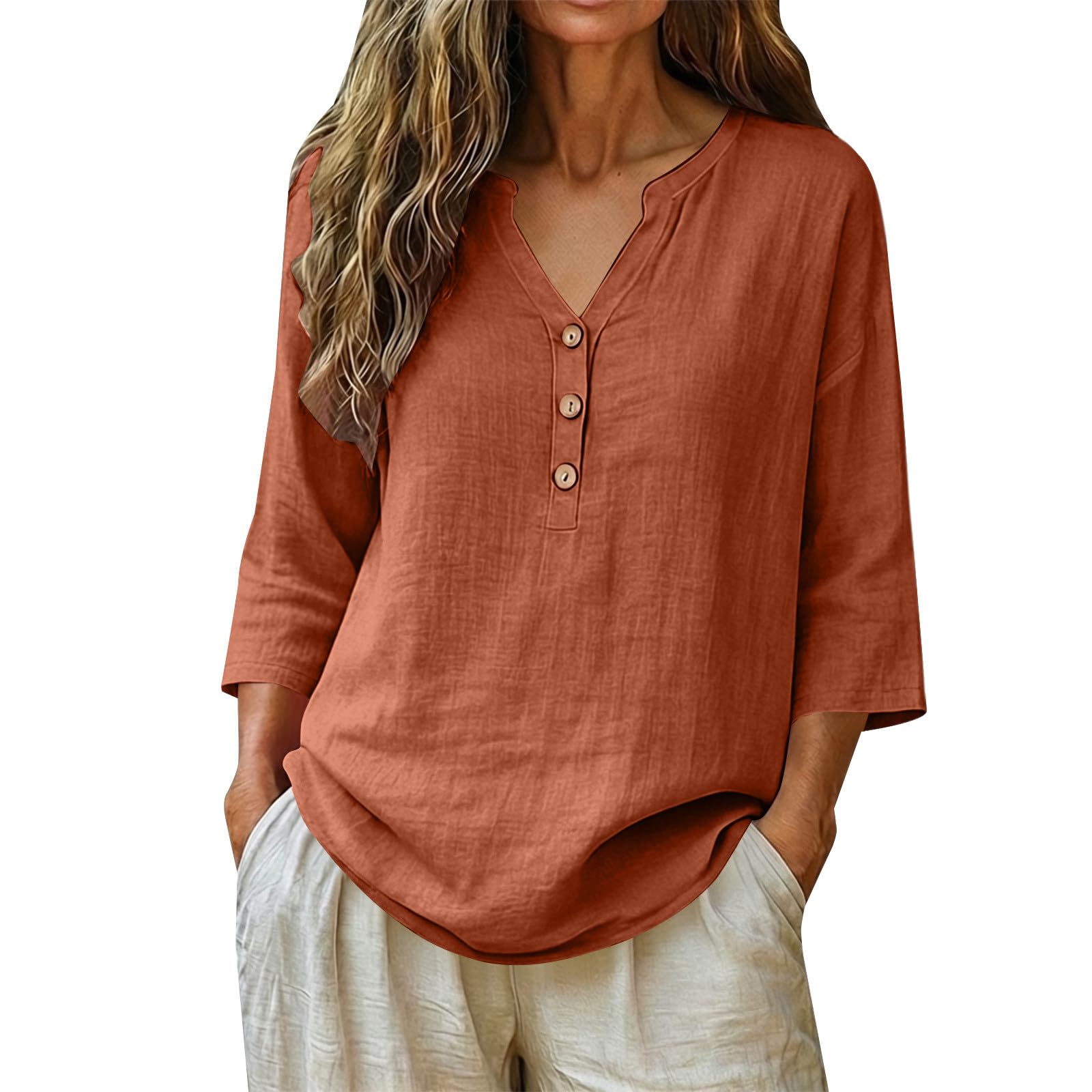 KUIH Ladies Tops 3/4 Sleeve Blouse Cotton Linen Summer Tops for Women Baggy Button V Neck Tunic Tops Plus Size Loose Fit Roll Up Sleeve T-Shirt Lightweight Vacation Casual Blouses Oversized Shirts