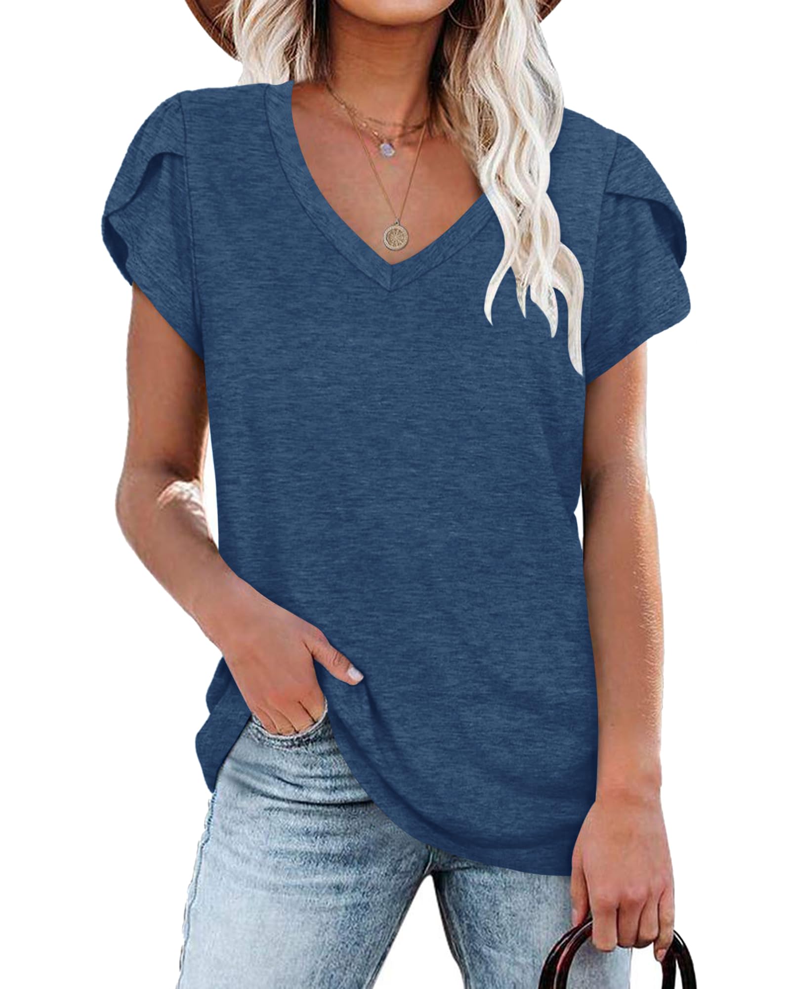 PLOKNRD Women's Casual V-Neck T-Shirt, Long Length, Petal Short Sleeve, Summer Classic Loose Tee, Pink, UK Size | Casual Ladies Beach Loose Tee Solid Color Boho Flower Leopard Print for Daily Outdoor Sports