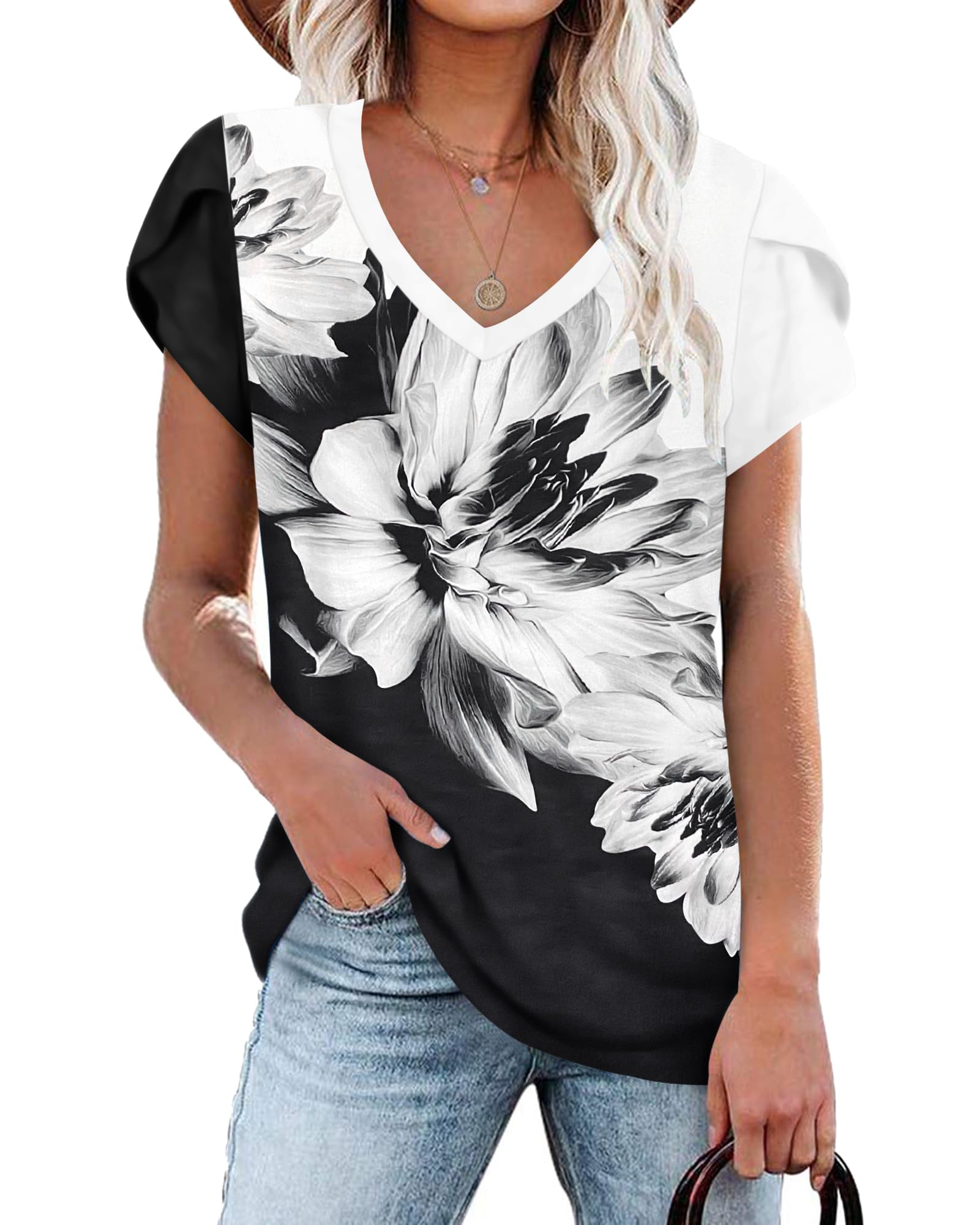 PLOKNRD Women's Casual V-Neck T-Shirt, Long Length, Petal Short Sleeve, Summer Classic Loose Tee, Pink, UK Size | Casual Ladies Beach Loose Tee Solid Color Boho Flower Leopard Print for Daily Outdoor Sports