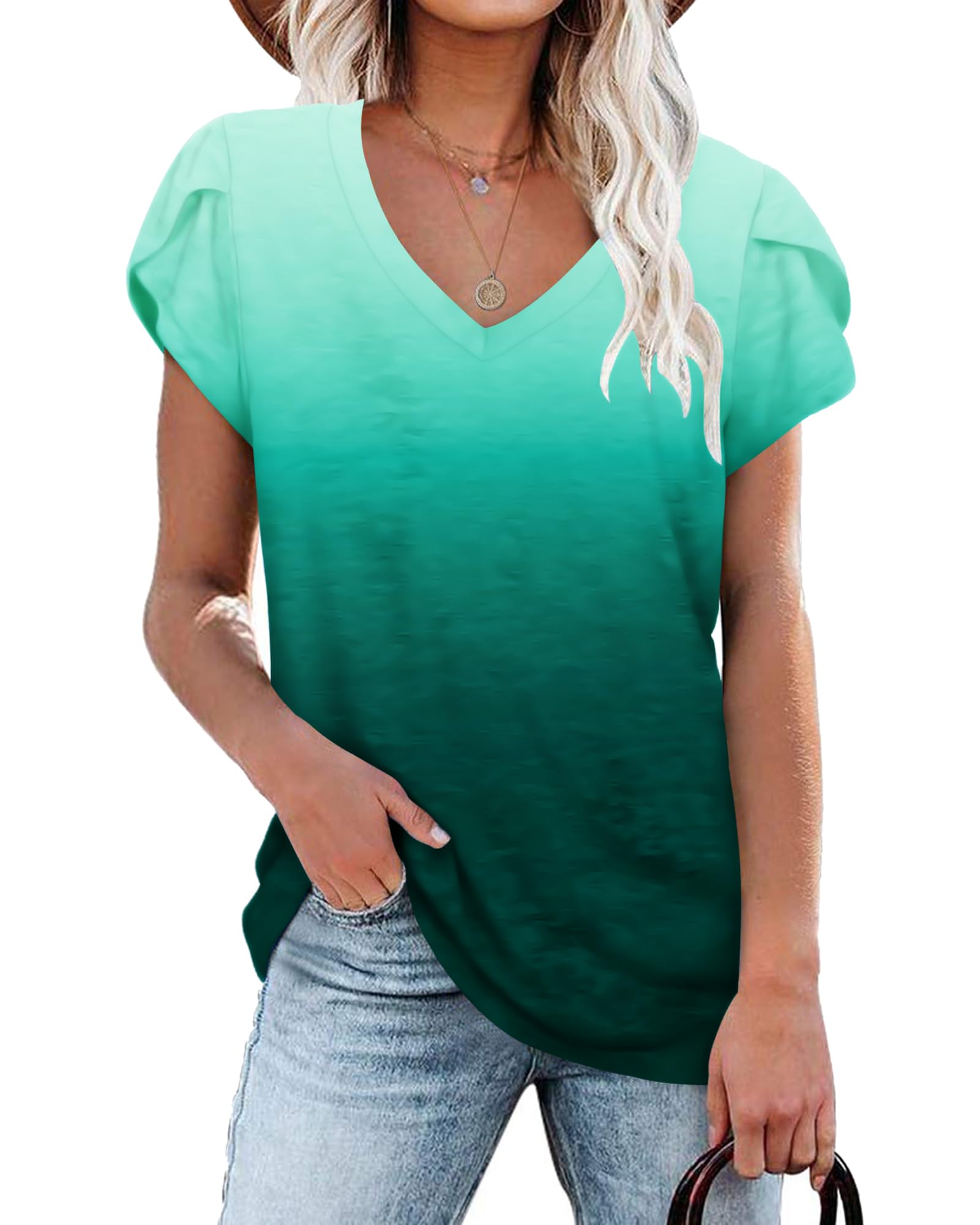 PLOKNRD Women's Casual V-Neck T-Shirt, Long Length, Petal Short Sleeve, Summer Classic Loose Tee, Pink, UK Size | Casual Ladies Beach Loose Tee Solid Color Boho Flower Leopard Print for Daily Outdoor Sports