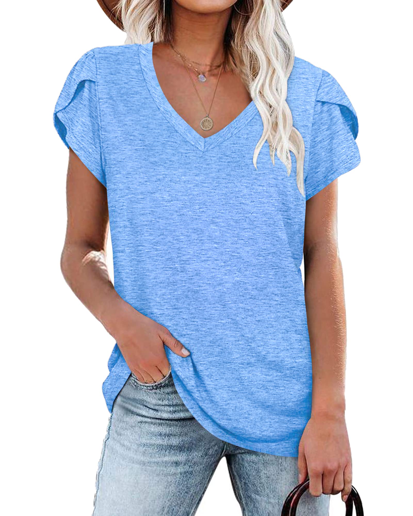 PLOKNRD Women's Casual V-Neck T-Shirt, Long Length, Petal Short Sleeve, Summer Classic Loose Tee, Pink, UK Size | Casual Ladies Beach Loose Tee Solid Color Boho Flower Leopard Print for Daily Outdoor Sports