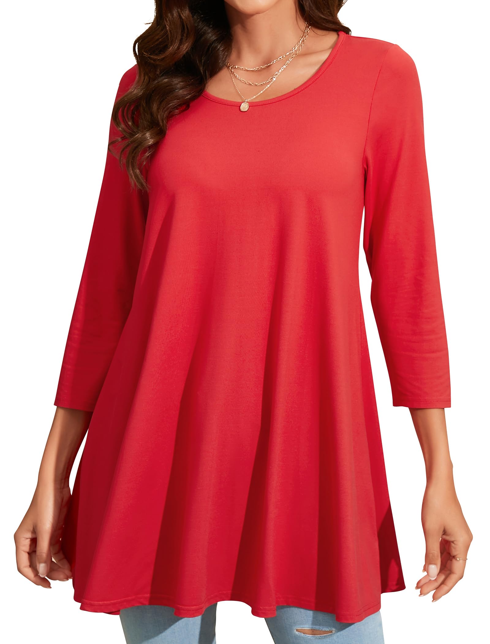 Enmain Womens Tunic Top 3/4 Long Sleeve Tunics for Women UK Plus Size Round Neck Longline Tops for Leggings Ladies Swing T Shirt Casual Loose Stretch Comfortable Blouses Shirts S-5XL