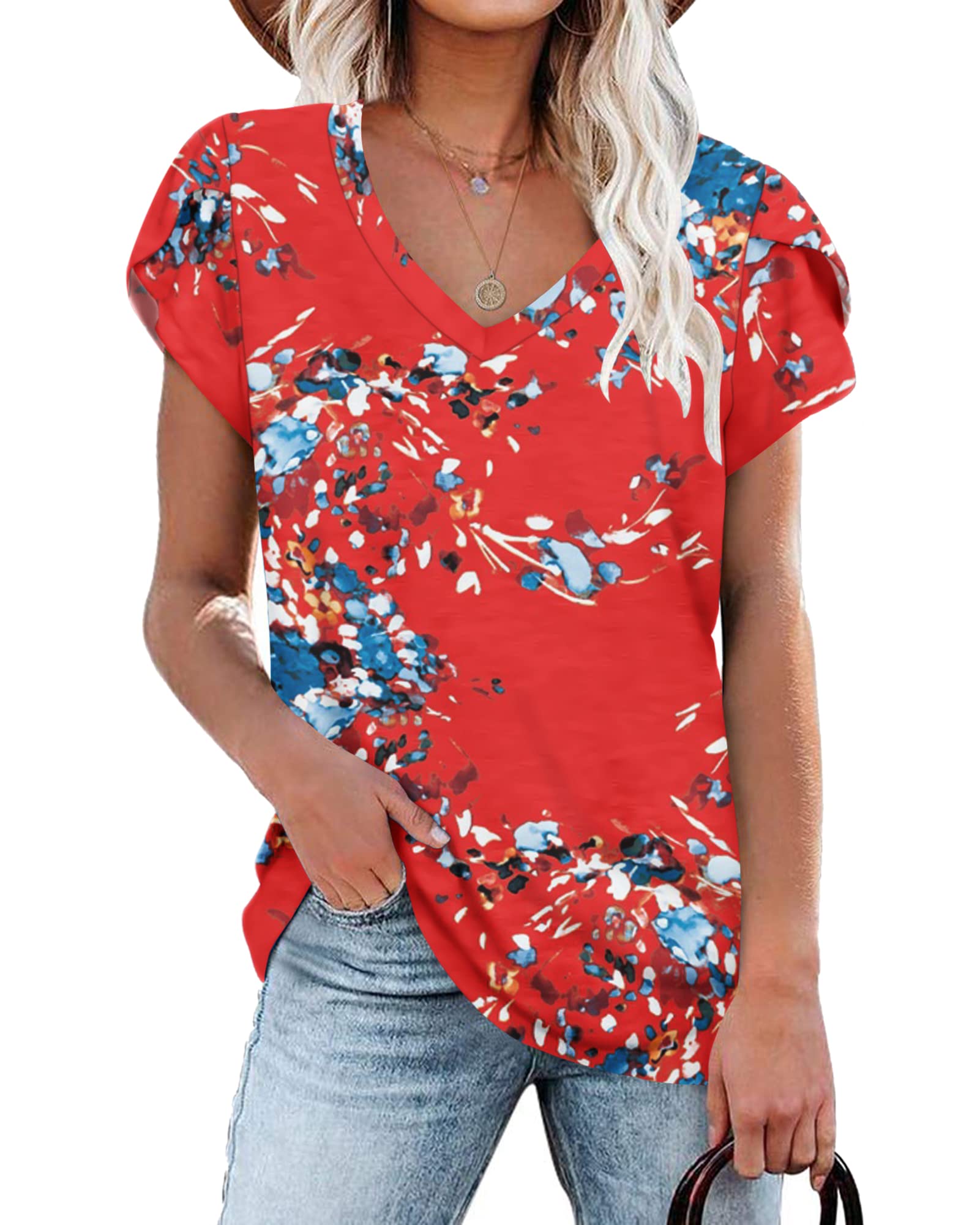 PLOKNRD Women's Casual V-Neck T-Shirt, Long Length, Petal Short Sleeve, Summer Classic Loose Tee, Pink, UK Size | Casual Ladies Beach Loose Tee Solid Color Boho Flower Leopard Print for Daily Outdoor Sports