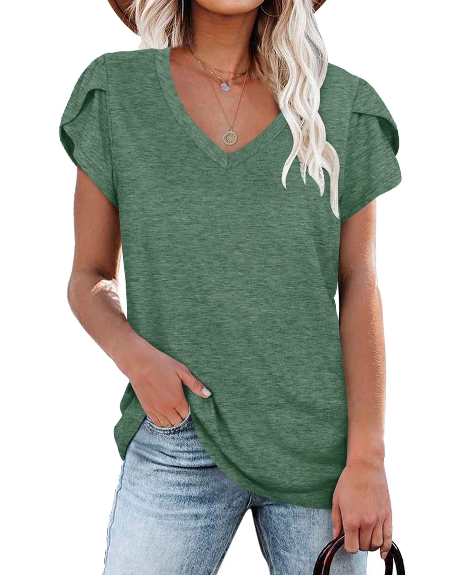 PLOKNRD Women's Casual V-Neck T-Shirt, Long Length, Petal Short Sleeve, Summer Classic Loose Tee, Pink, UK Size | Casual Ladies Beach Loose Tee Solid Color Boho Flower Leopard Print for Daily Outdoor Sports