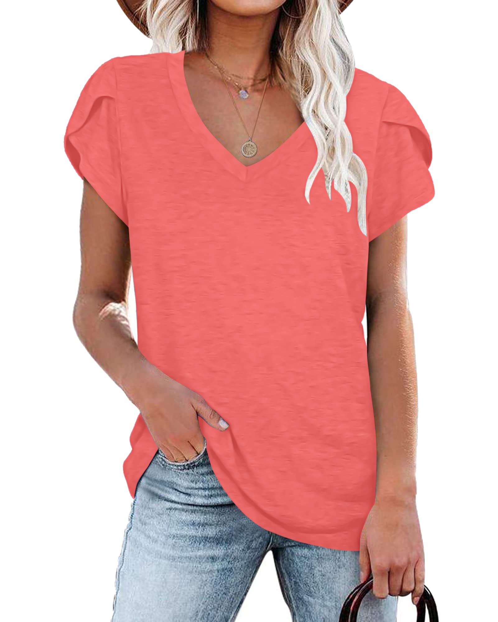 PLOKNRD Women's Casual V-Neck T-Shirt, Long Length, Petal Short Sleeve, Summer Classic Loose Tee, Pink, UK Size | Casual Ladies Beach Loose Tee Solid Color Boho Flower Leopard Print for Daily Outdoor Sports