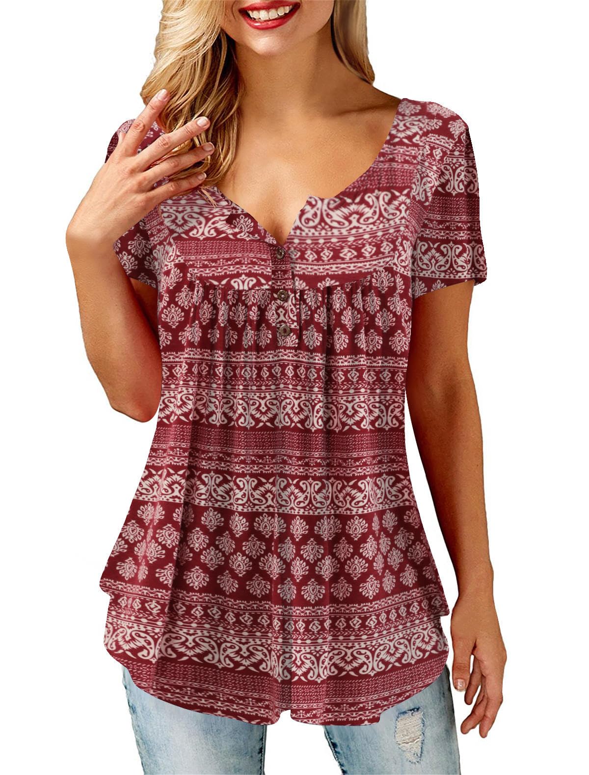 Beluring Women Casual V Neck Pleated Tunic Tops Shirts Blouse