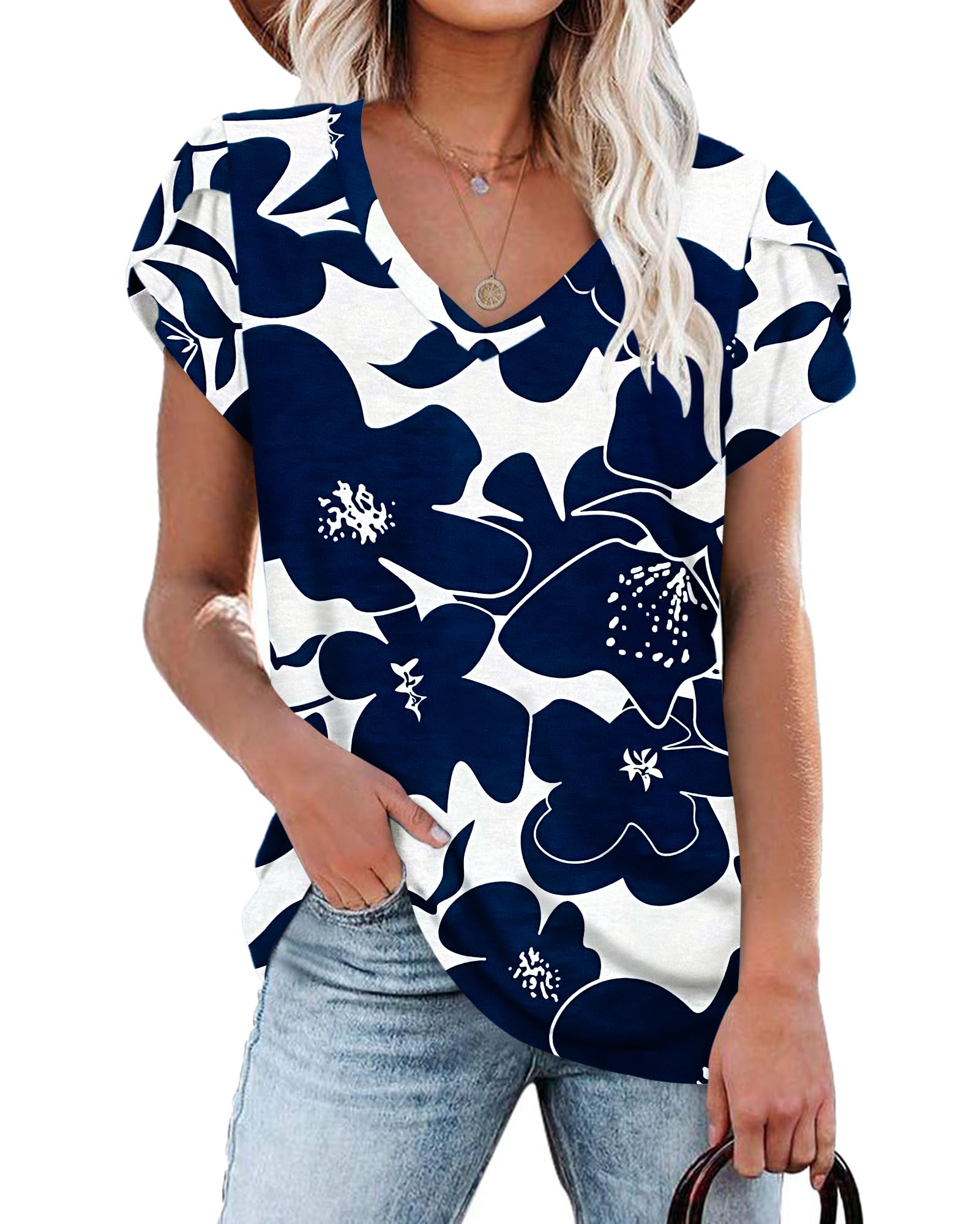 PLOKNRD Women's Casual V-Neck T-Shirt, Long Length, Petal Short Sleeve, Summer Classic Loose Tee, Pink, UK Size | Casual Ladies Beach Loose Tee Solid Color Boho Flower Leopard Print for Daily Outdoor Sports