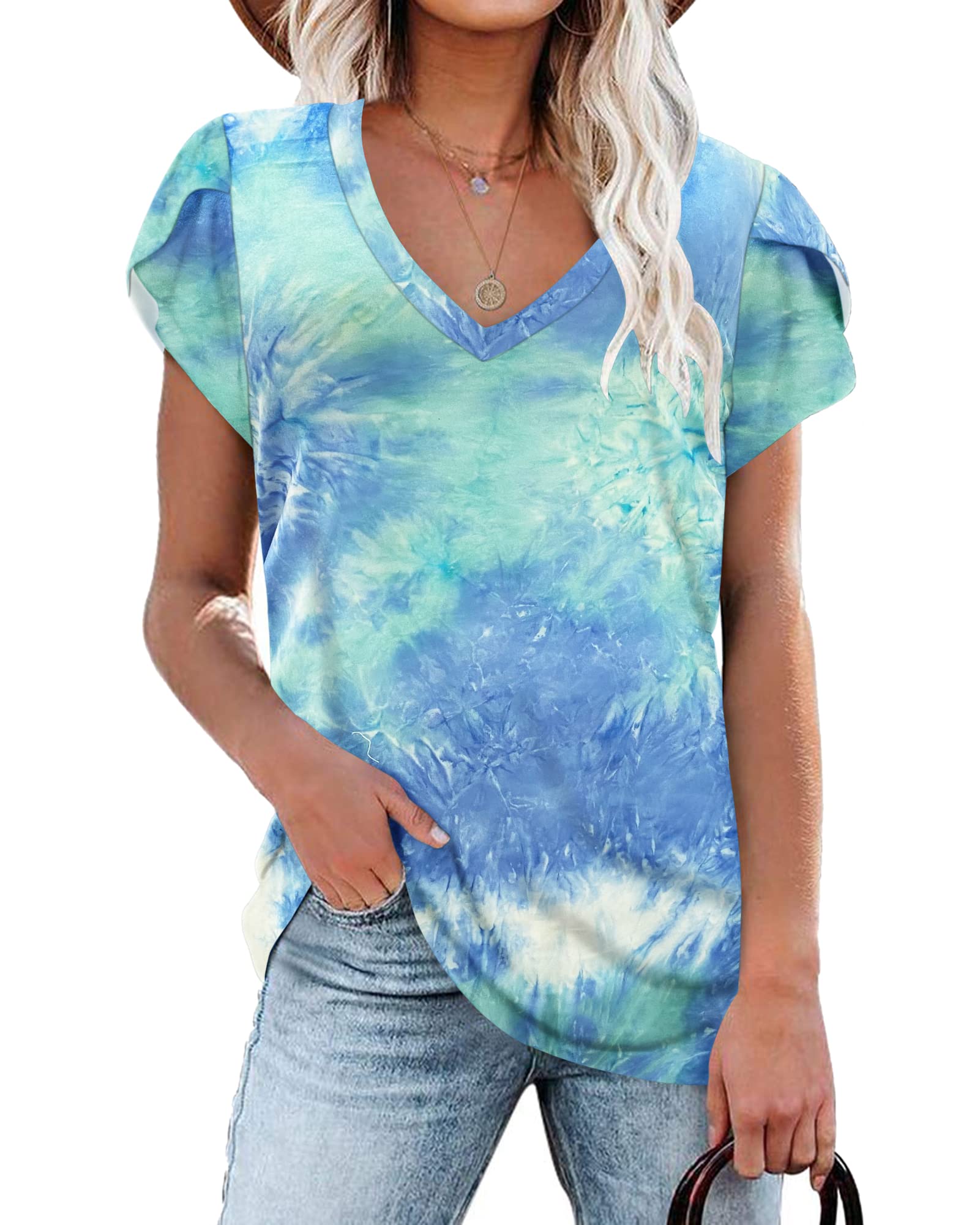 PLOKNRD Women's Casual V-Neck T-Shirt, Long Length, Petal Short Sleeve, Summer Classic Loose Tee, Pink, UK Size | Casual Ladies Beach Loose Tee Solid Color Boho Flower Leopard Print for Daily Outdoor Sports
