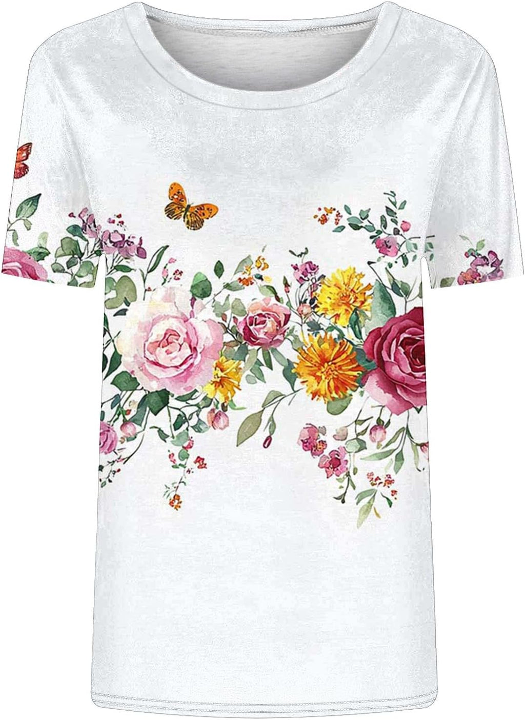 Womens Flower T-Shirt Ladies Casual Tops Short Sleeve T-Shirts Crew Neck Pullover Floral Printed T Shirt Comfortable Blouse Dressy Tee Lightweight Jumper Loose Sweatshirt Business Clothes