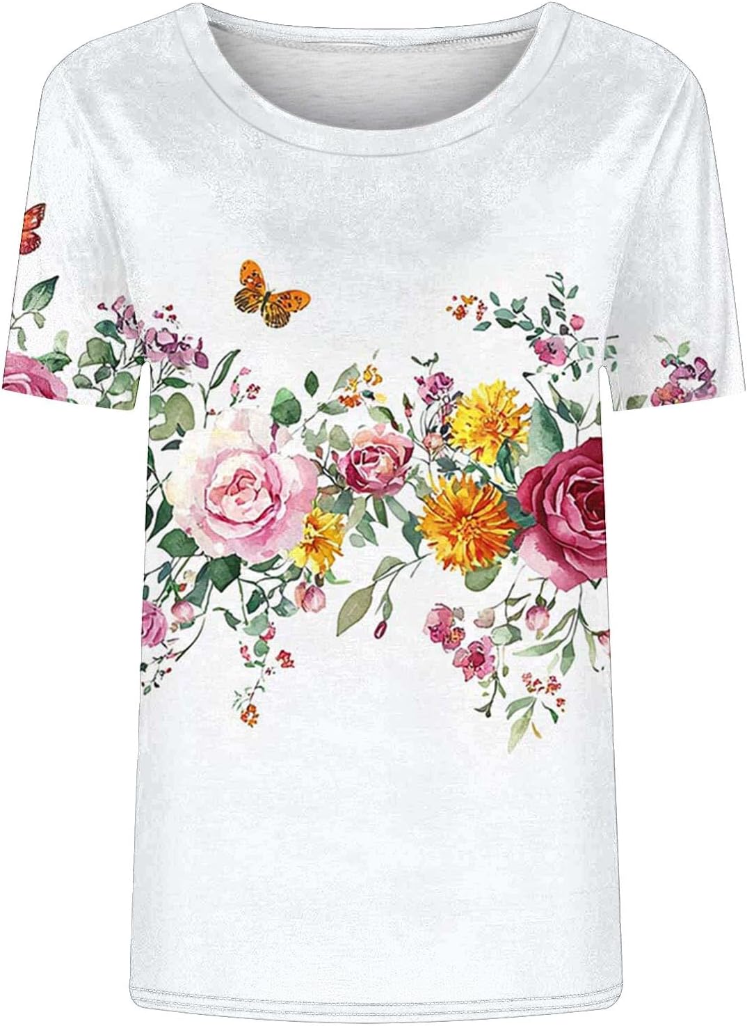 Womens Flower T-Shirt Ladies Casual Tops Short Sleeve T-Shirts Crew Neck Pullover Floral Printed T Shirt Comfortable Blouse Dressy Tee Lightweight Jumper Loose Sweatshirt Business Clothes