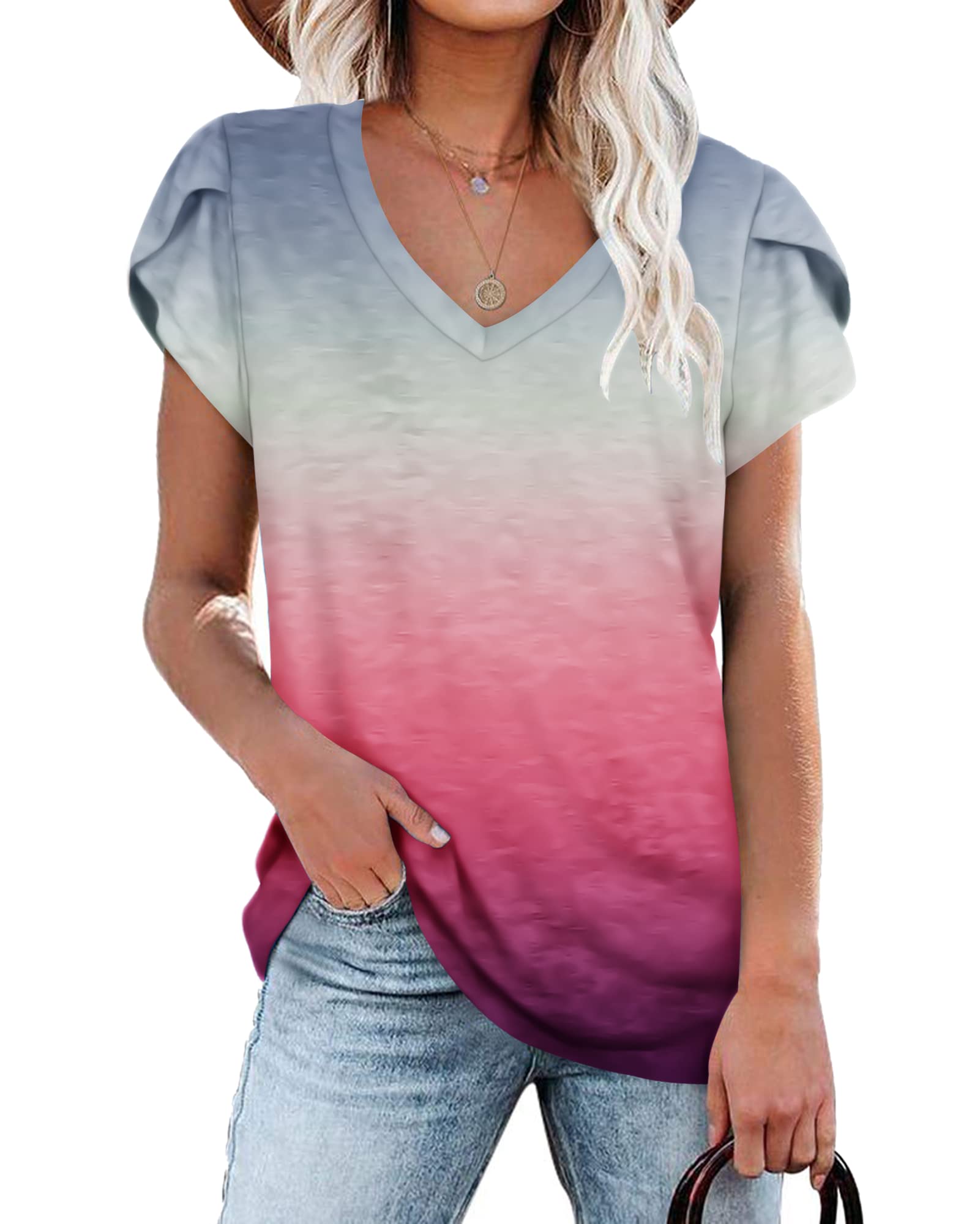 PLOKNRD Women's Casual V-Neck T-Shirt, Long Length, Petal Short Sleeve, Summer Classic Loose Tee, Pink, UK Size | Casual Ladies Beach Loose Tee Solid Color Boho Flower Leopard Print for Daily Outdoor Sports