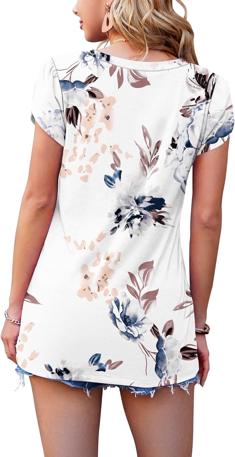 PLOKNRD Women's Casual V-Neck T-Shirt, Long Length, Petal Short Sleeve, Summer Classic Loose Tee, Pink, UK Size | Casual Ladies Beach Loose Tee Solid Color Boho Flower Leopard Print for Daily Outdoor Sports
