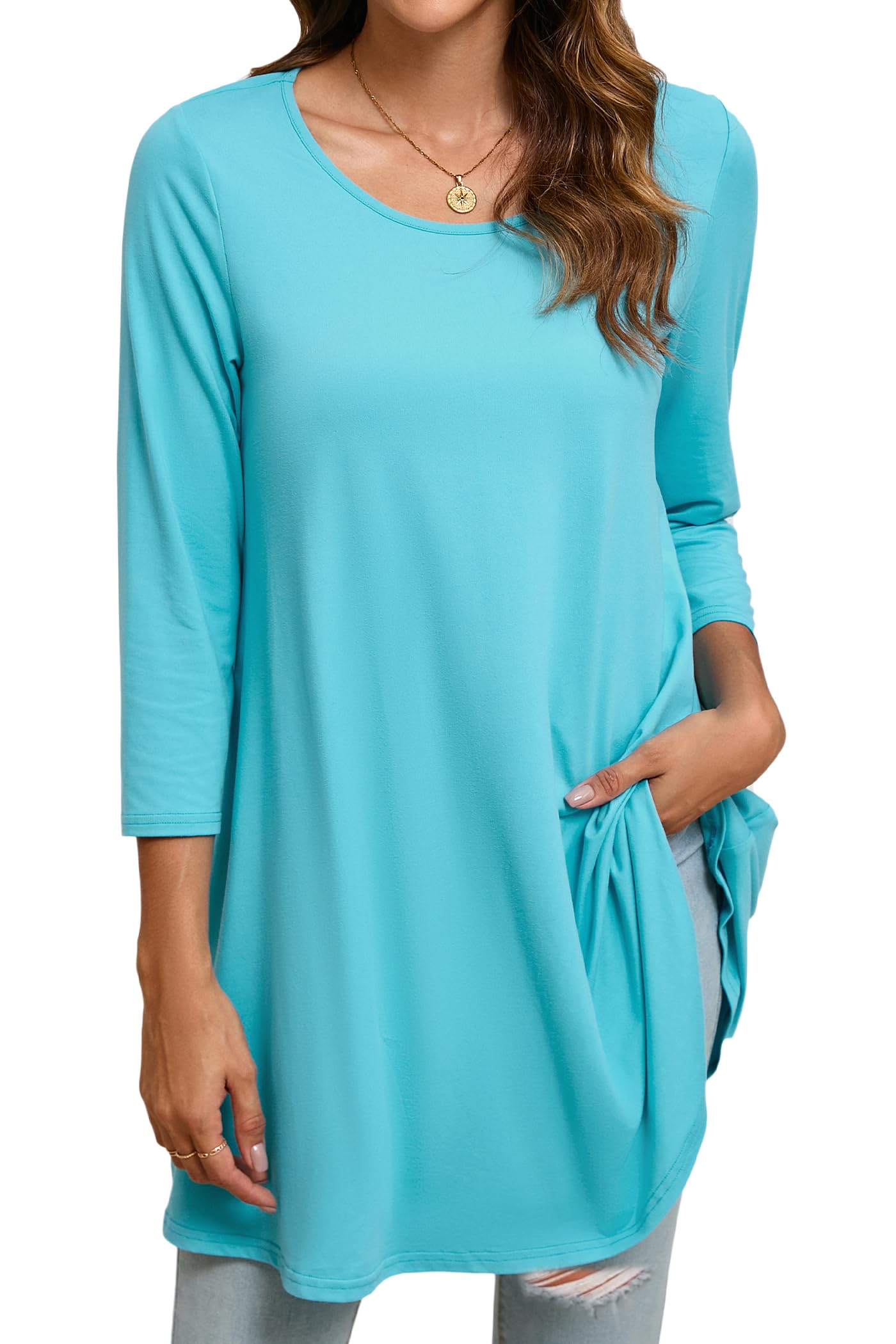 Enmain Womens Tunic Top 3/4 Long Sleeve Tunics for Women UK Plus Size Round Neck Longline Tops for Leggings Ladies Swing T Shirt Casual Loose Stretch Comfortable Blouses Shirts S-5XL