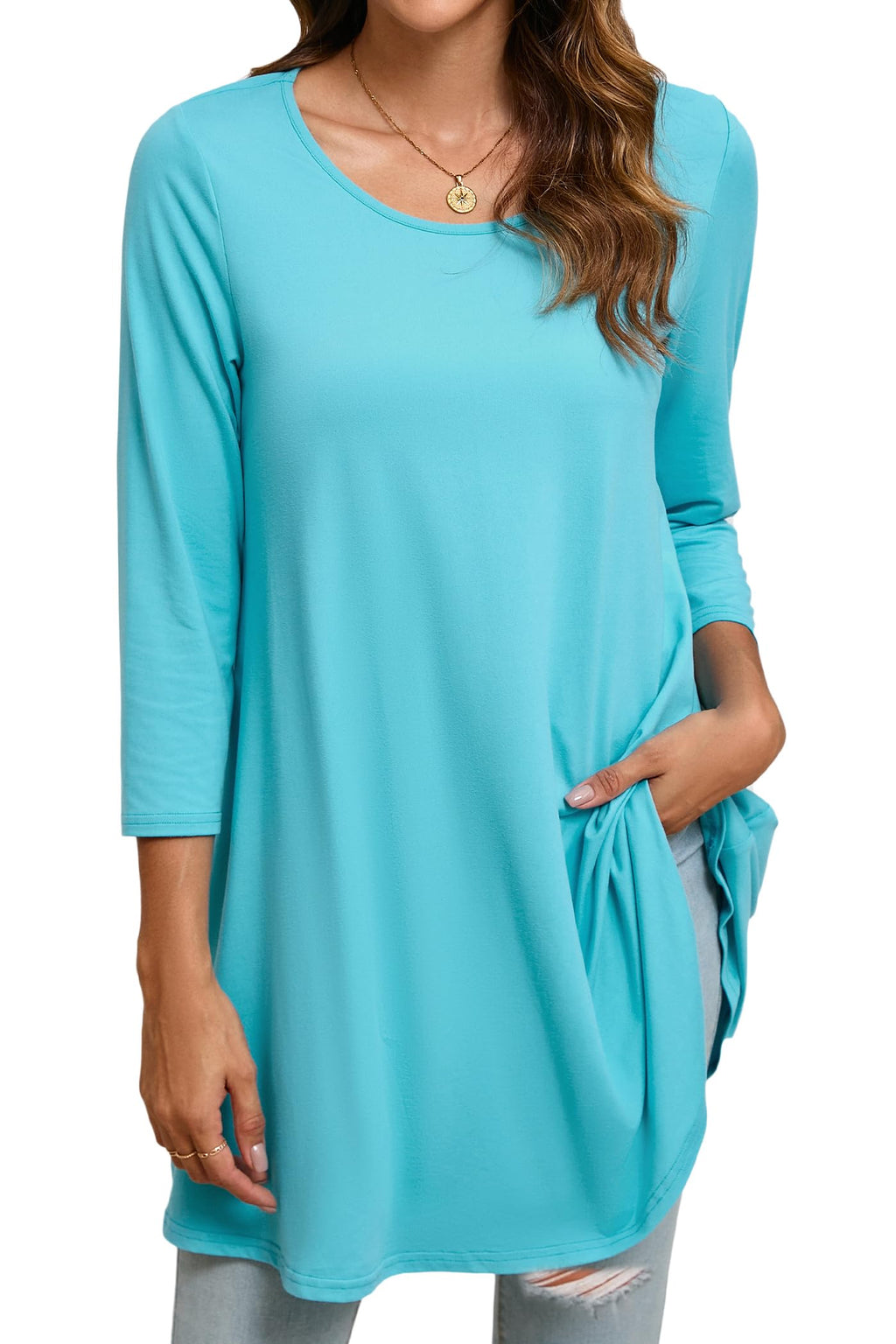 Enmain Womens Tunic Top 3/4 Long Sleeve Tunics for Women UK Plus Size Round Neck Longline Tops for Leggings Ladies Swing T Shirt Casual Loose Stretch Comfortable Blouses Shirts S-5XL
