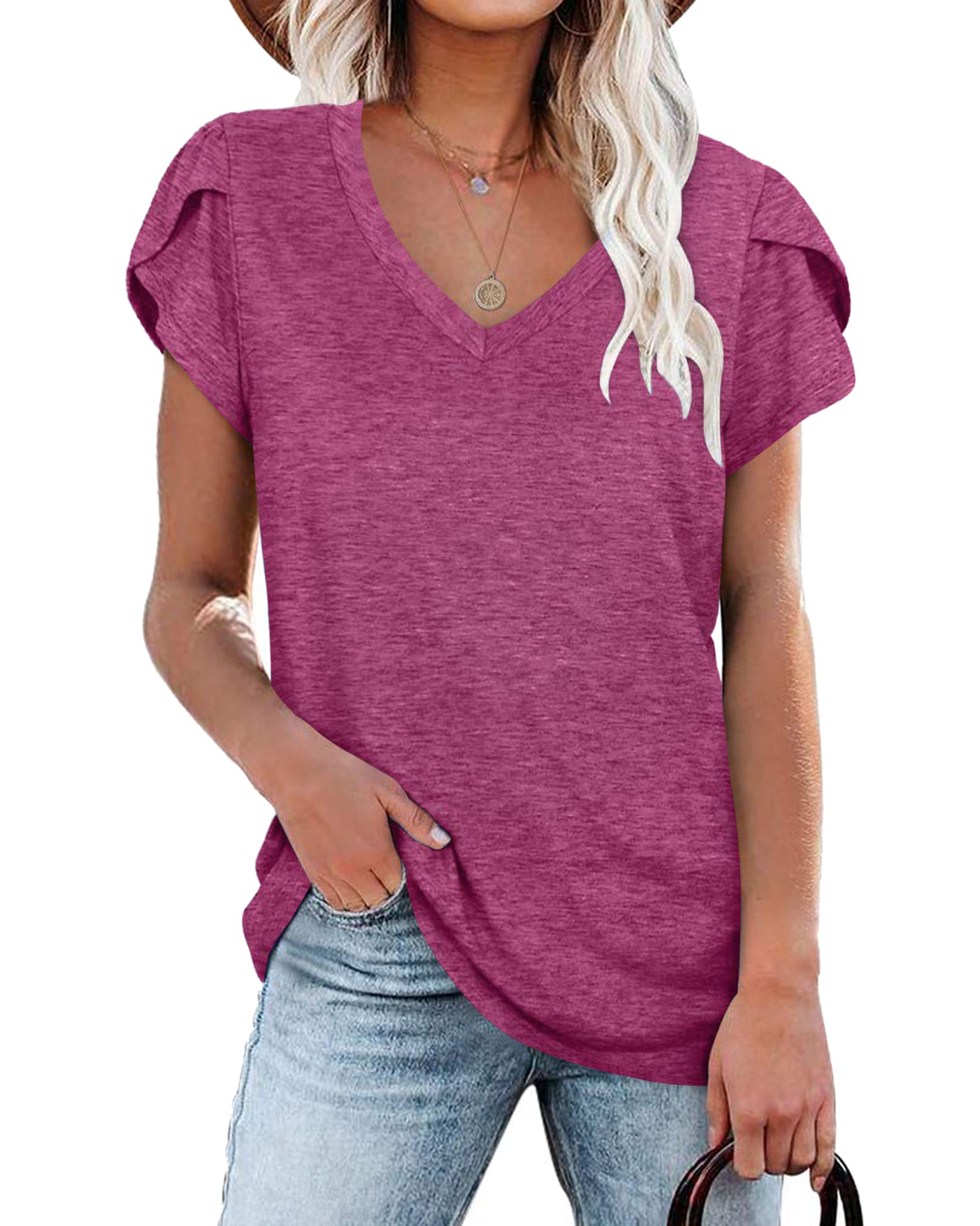 PLOKNRD Women's Casual V-Neck T-Shirt, Long Length, Petal Short Sleeve, Summer Classic Loose Tee, Pink, UK Size | Casual Ladies Beach Loose Tee Solid Color Boho Flower Leopard Print for Daily Outdoor Sports