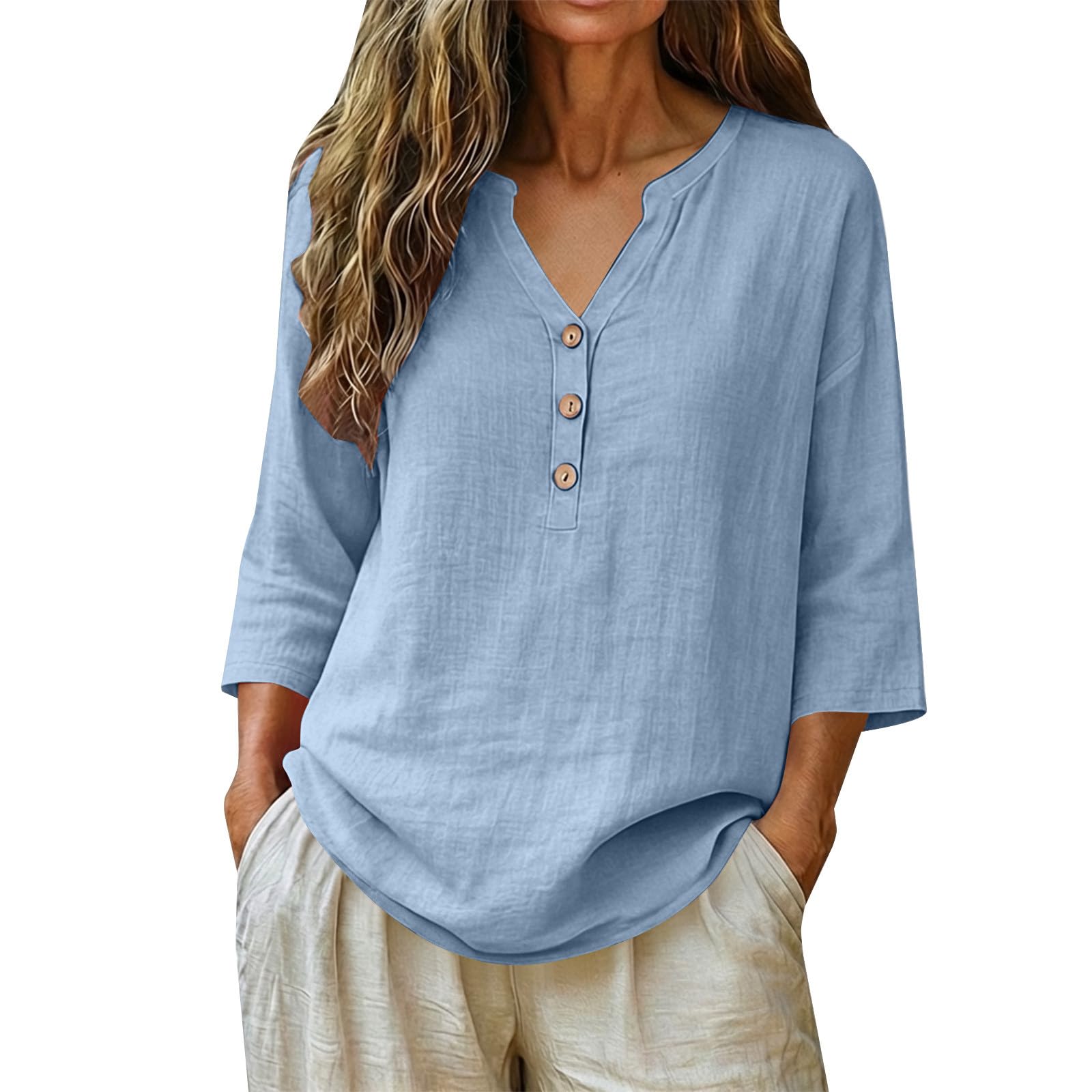 KUIH Ladies Tops 3/4 Sleeve Blouse Cotton Linen Summer Tops for Women Baggy Button V Neck Tunic Tops Plus Size Loose Fit Roll Up Sleeve T-Shirt Lightweight Vacation Casual Blouses Oversized Shirts