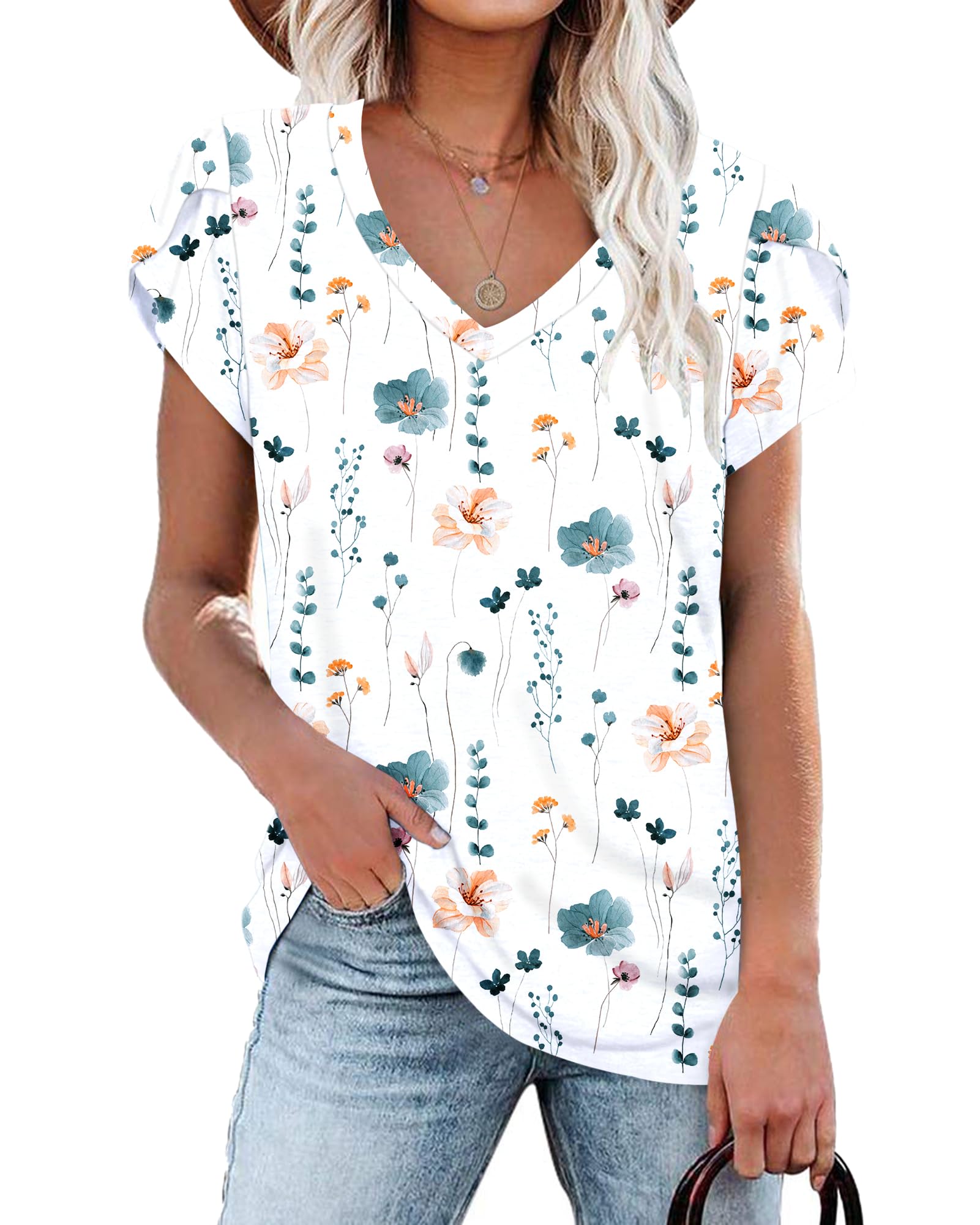 PLOKNRD Women's Casual V-Neck T-Shirt, Long Length, Petal Short Sleeve, Summer Classic Loose Tee, Pink, UK Size | Casual Ladies Beach Loose Tee Solid Color Boho Flower Leopard Print for Daily Outdoor Sports