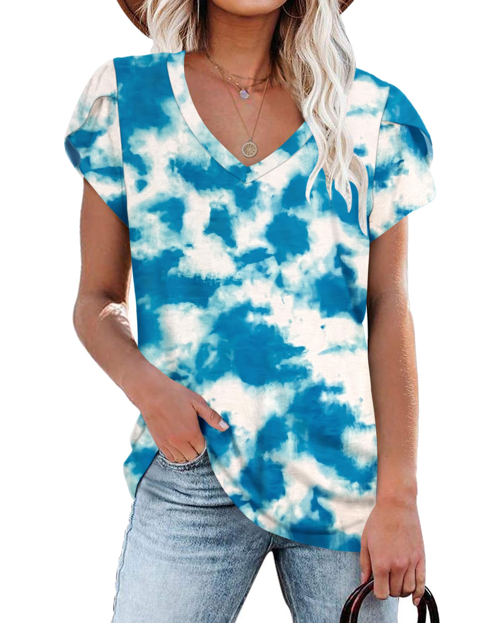 PLOKNRD Women's Casual V-Neck T-Shirt, Long Length, Petal Short Sleeve, Summer Classic Loose Tee, Pink, UK Size | Casual Ladies Beach Loose Tee Solid Color Boho Flower Leopard Print for Daily Outdoor Sports