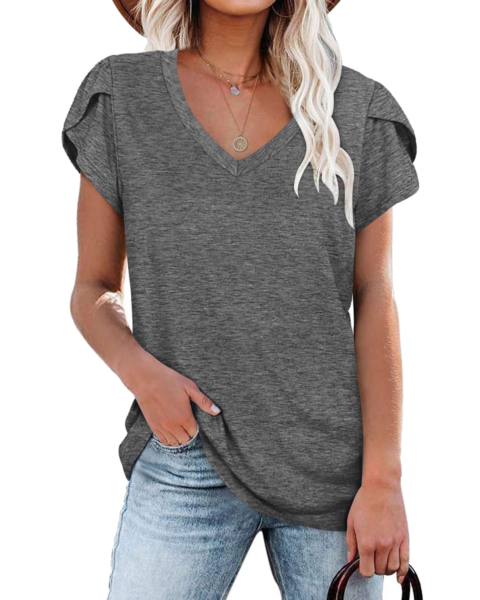 PLOKNRD Women's Casual V-Neck T-Shirt, Long Length, Petal Short Sleeve, Summer Classic Loose Tee, Pink, UK Size | Casual Ladies Beach Loose Tee Solid Color Boho Flower Leopard Print for Daily Outdoor Sports