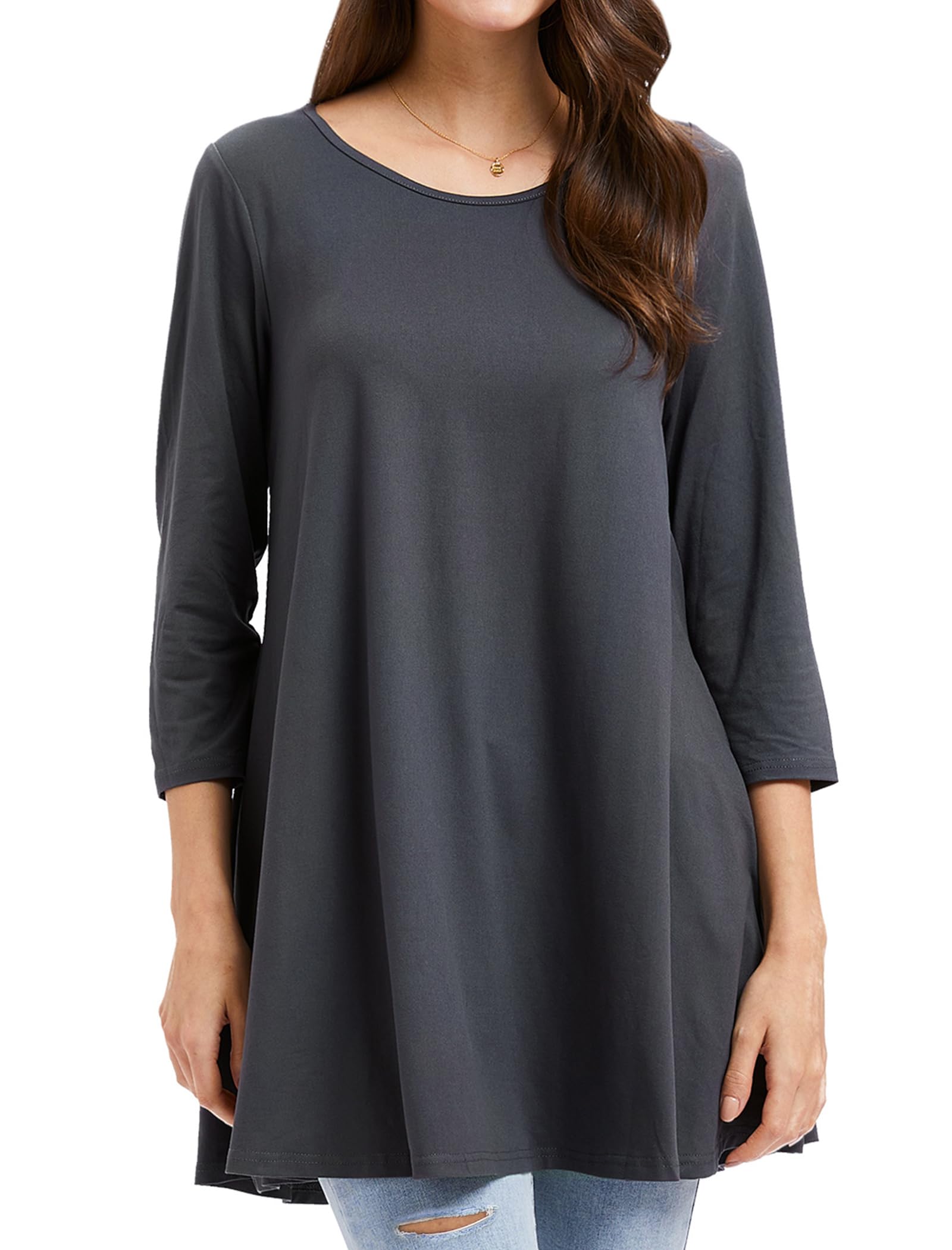 Enmain Womens Tunic Top 3/4 Long Sleeve Tunics for Women UK Plus Size Round Neck Longline Tops for Leggings Ladies Swing T Shirt Casual Loose Stretch Comfortable Blouses Shirts S-5XL