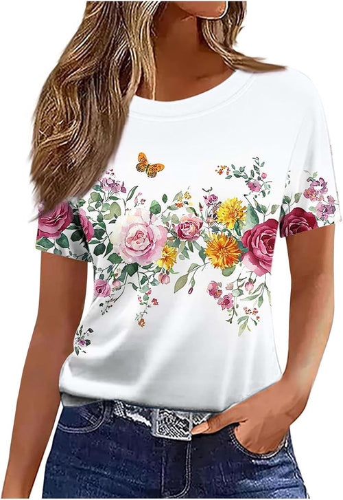 Womens Flower T-Shirt Ladies Casual Tops Short Sleeve T-Shirts Crew Neck Pullover Floral Printed T Shirt Comfortable Blouse Dressy Tee Lightweight Jumper Loose Sweatshirt Business Clothes