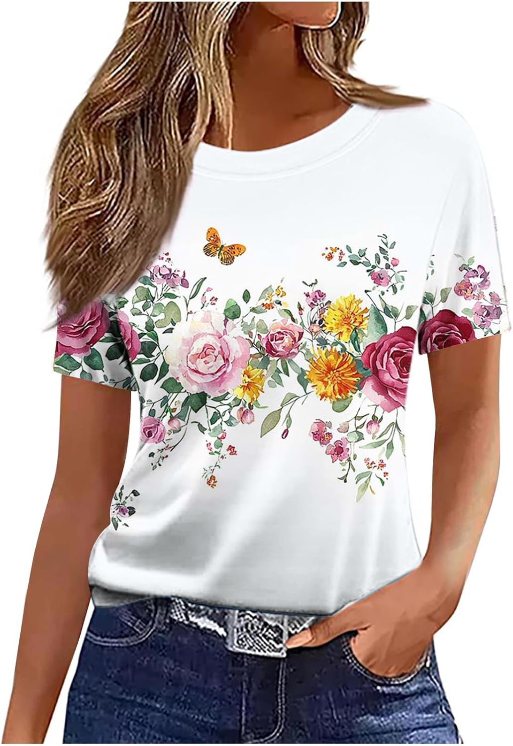 Womens Flower T-Shirt Ladies Casual Tops Short Sleeve T-Shirts Crew Neck Pullover Floral Printed T Shirt Comfortable Blouse Dressy Tee Lightweight Jumper Loose Sweatshirt Business Clothes