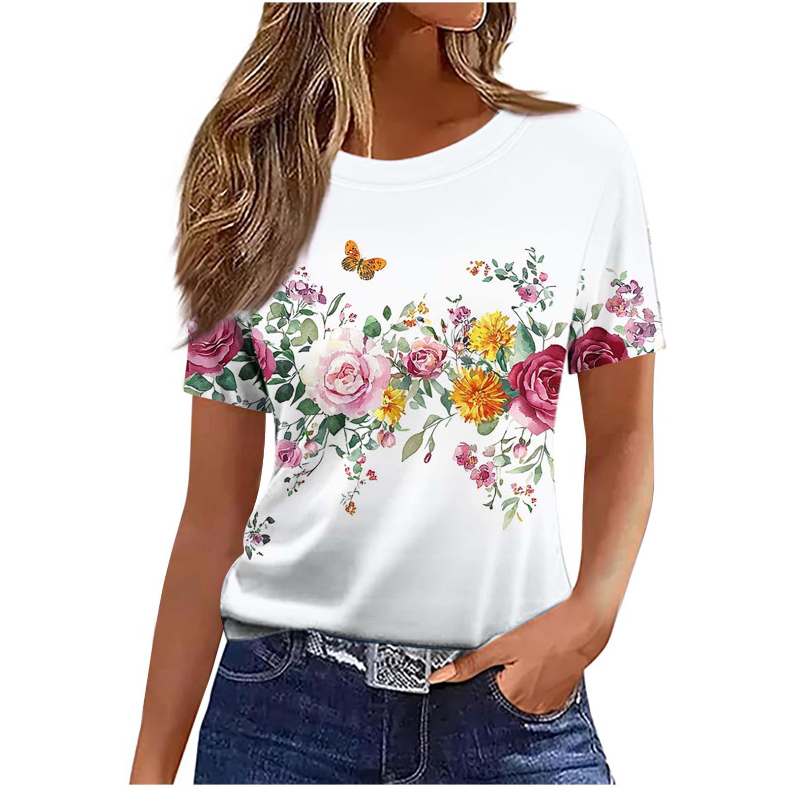 Womens Flower T-Shirt Ladies Casual Tops Short Sleeve T-Shirts Crew Neck Pullover Floral Printed T Shirt Comfortable Blouse Dressy Tee Lightweight Jumper Loose Sweatshirt Business Clothes