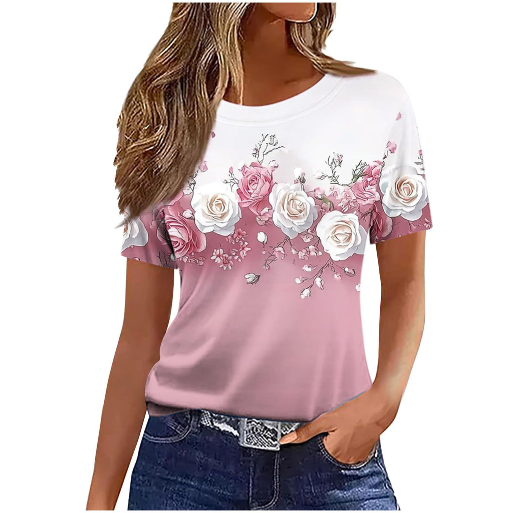 Womens Flower T-Shirt Ladies Casual Tops Short Sleeve T-Shirts Crew Neck Pullover Floral Printed T Shirt Comfortable Blouse Dressy Tee Lightweight Jumper Loose Sweatshirt Business Clothes