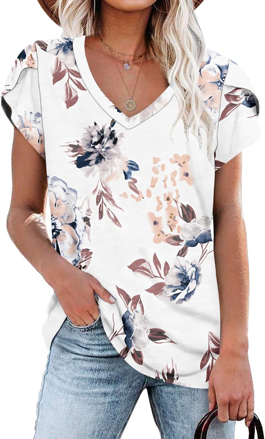 PLOKNRD Women's Casual V-Neck T-Shirt, Long Length, Petal Short Sleeve, Summer Classic Loose Tee, Pink, UK Size | Casual Ladies Beach Loose Tee Solid Color Boho Flower Leopard Print for Daily Outdoor Sports