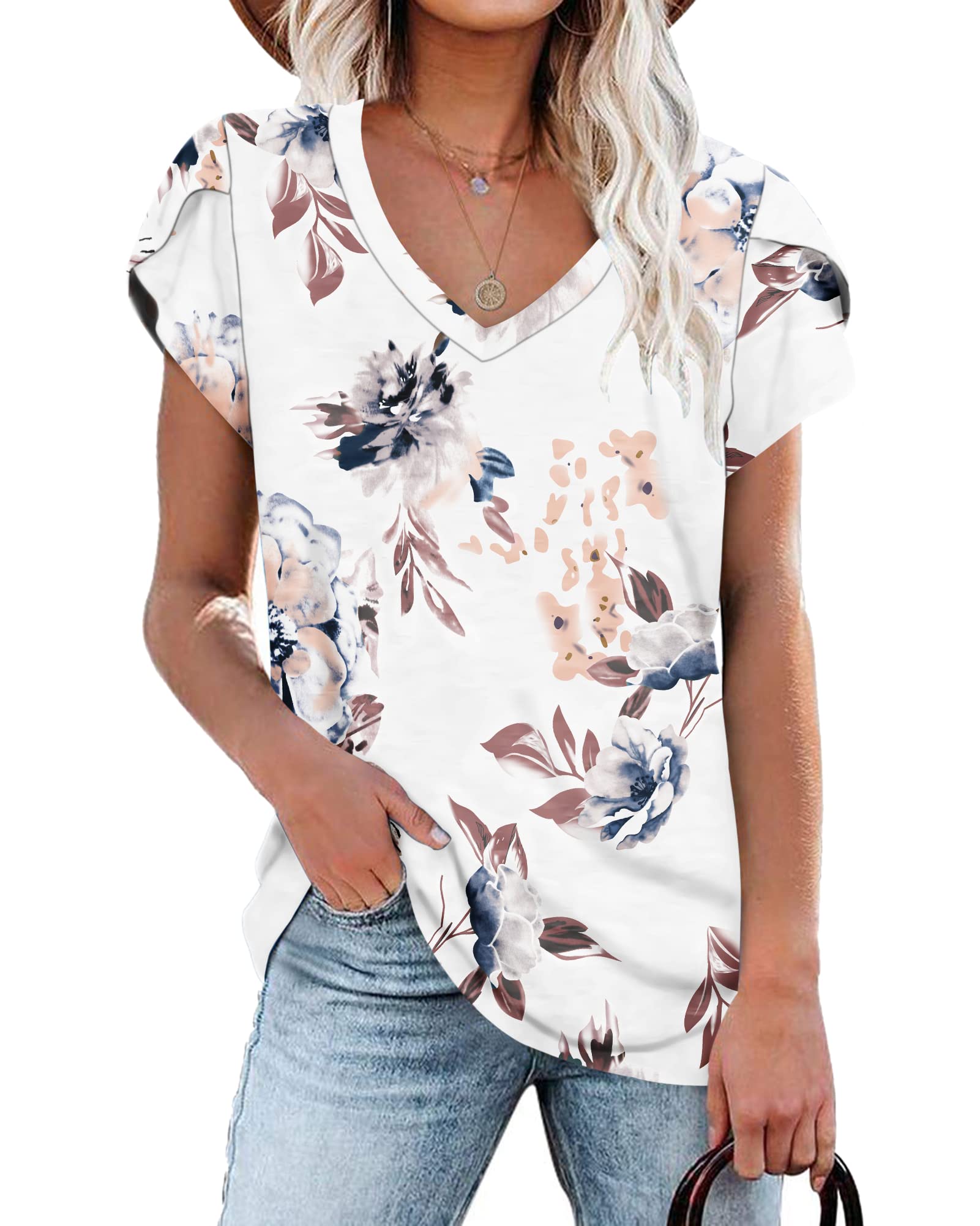 PLOKNRD Women's Casual V-Neck T-Shirt, Long Length, Petal Short Sleeve, Summer Classic Loose Tee, Pink, UK Size | Casual Ladies Beach Loose Tee Solid Color Boho Flower Leopard Print for Daily Outdoor Sports