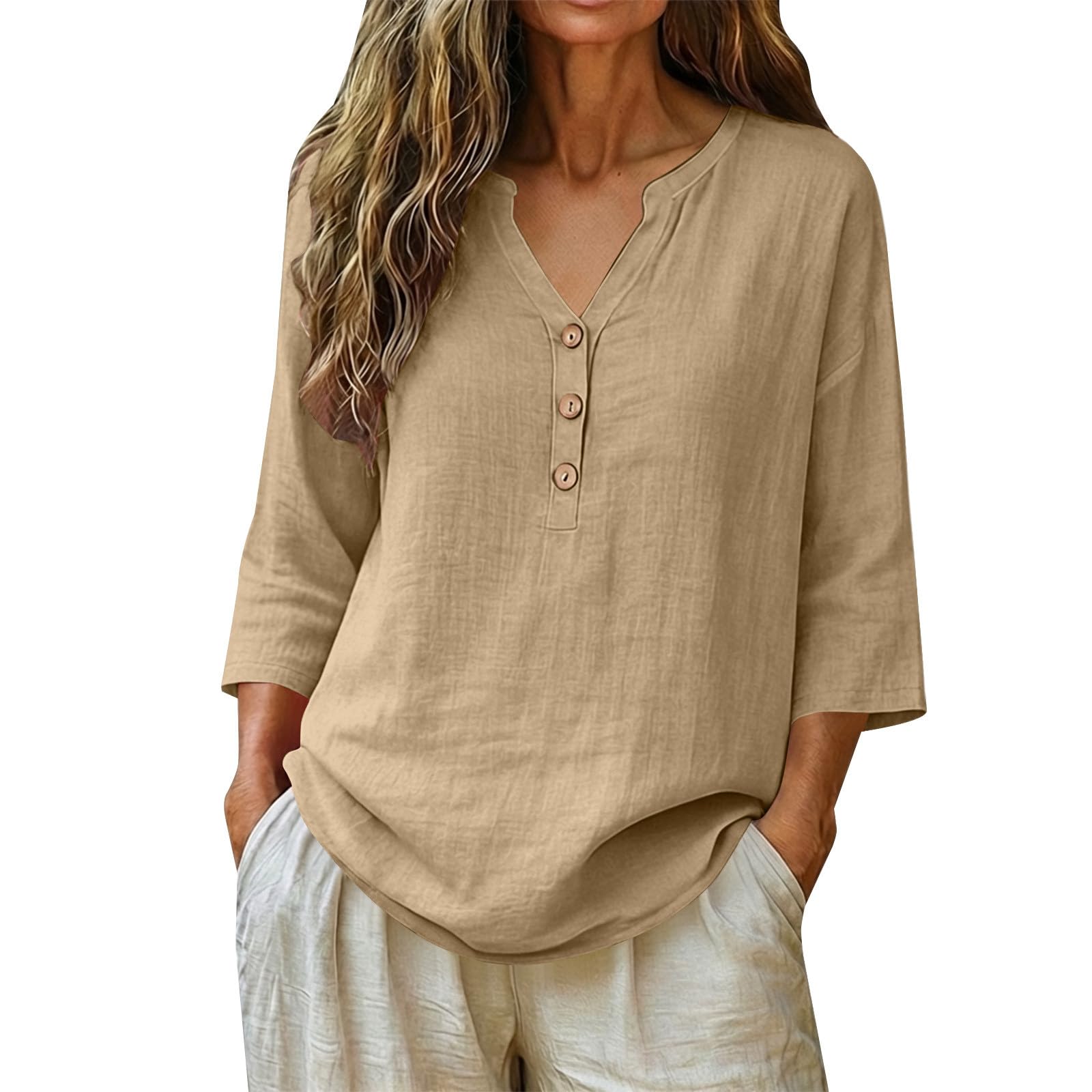 KUIH Ladies Tops 3/4 Sleeve Blouse Cotton Linen Summer Tops for Women Baggy Button V Neck Tunic Tops Plus Size Loose Fit Roll Up Sleeve T-Shirt Lightweight Vacation Casual Blouses Oversized Shirts