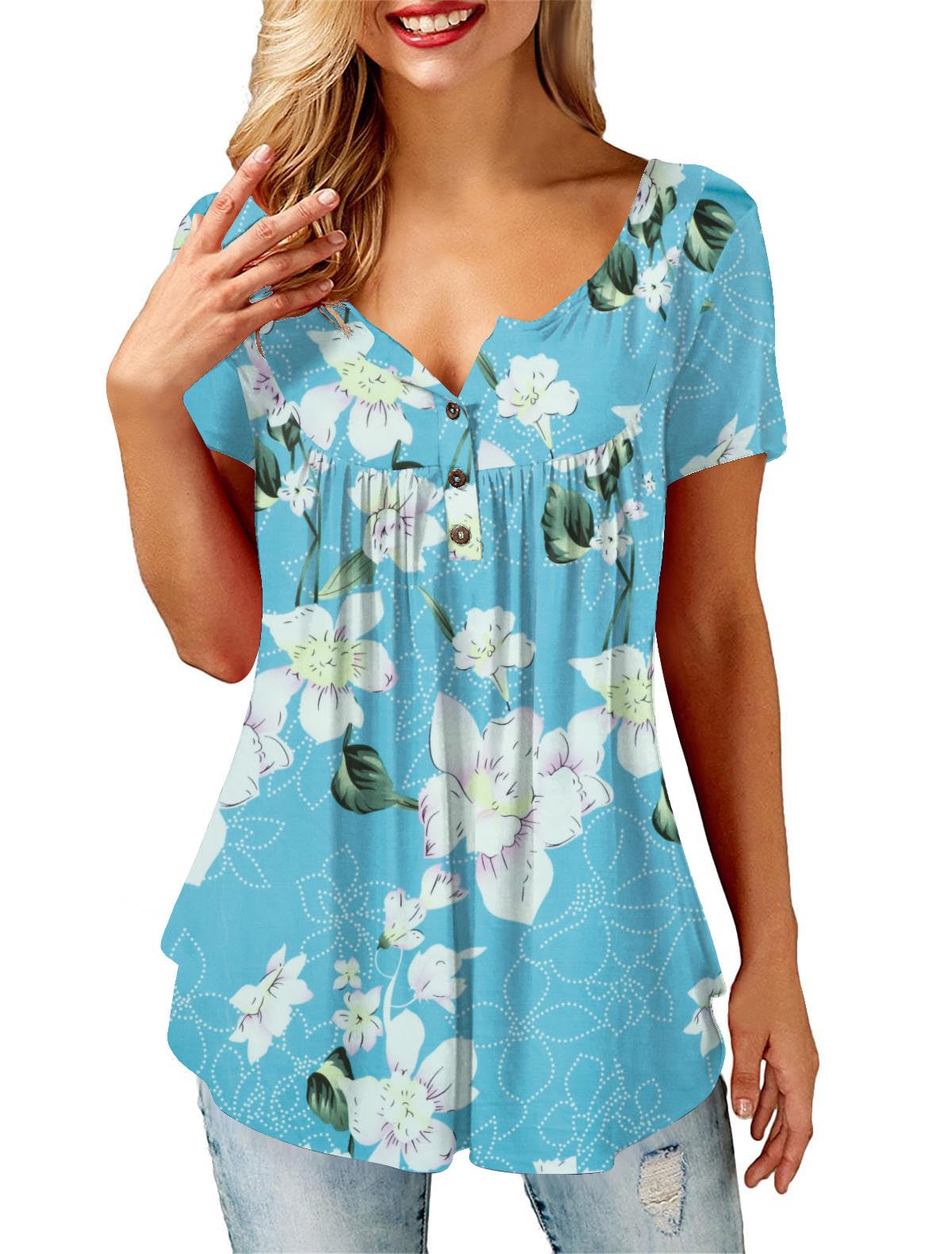 Beluring Women Casual V Neck Pleated Tunic Tops Shirts Blouse